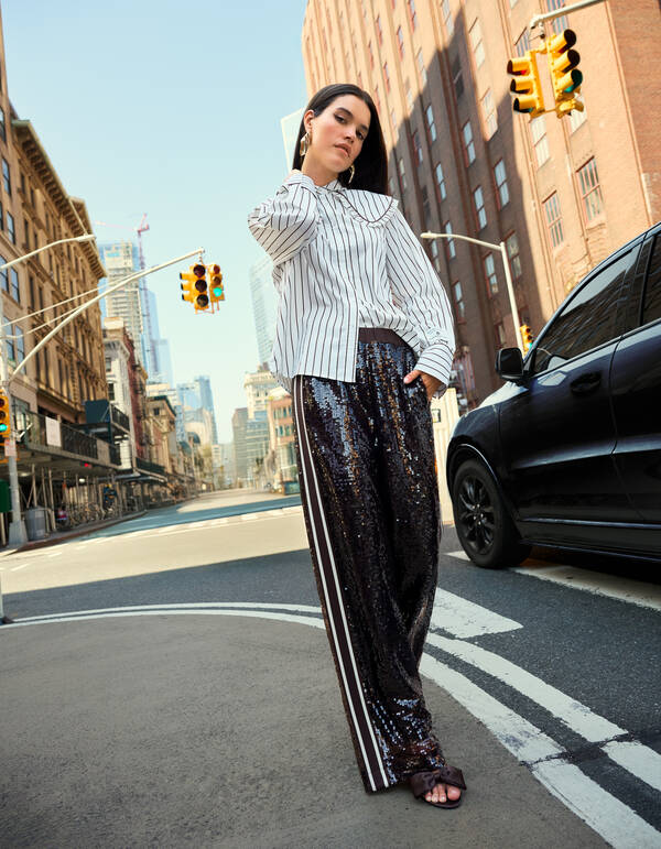 Big Collar Stripe Blouse Bruin SHOEBY WOMEN