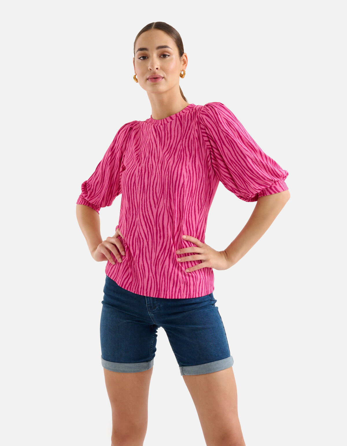 Zebra Print Rib Top Roze SHOEBY WOMEN