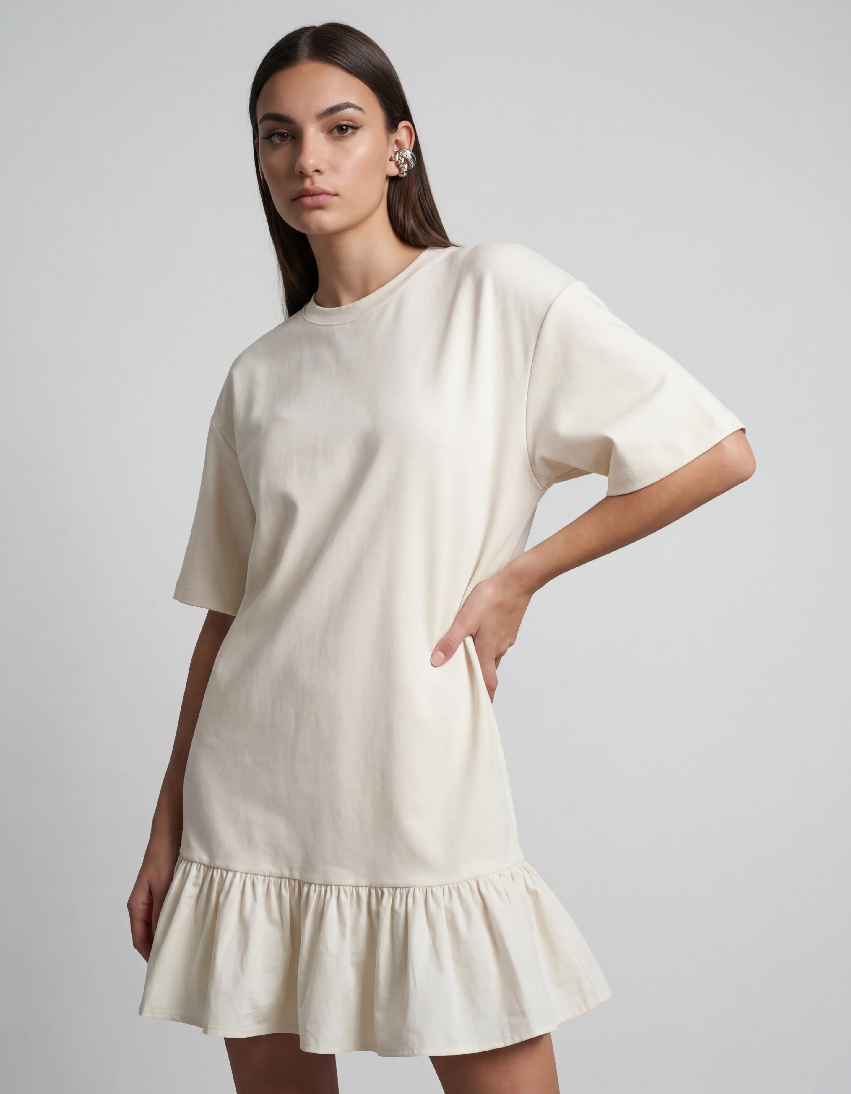 T-shirt Ruffle Mini Jurk Gebroken Wit SHOEBY WOMEN