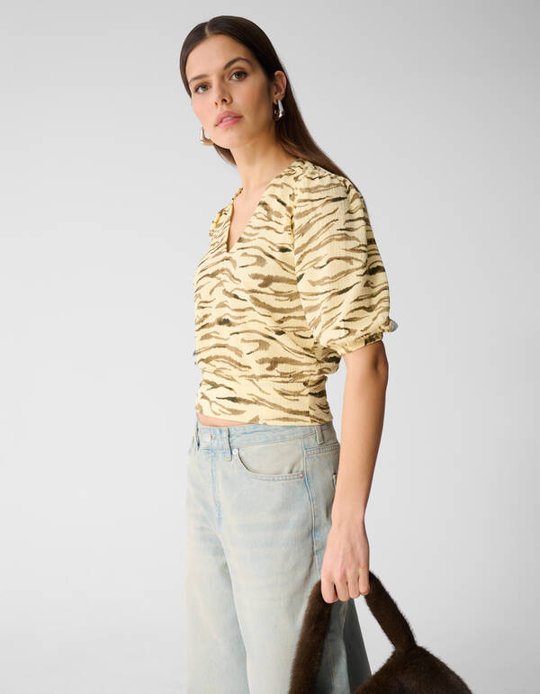 Crinkle Tijger V-Hals Top Lichtgeel SHOEBY WOMEN