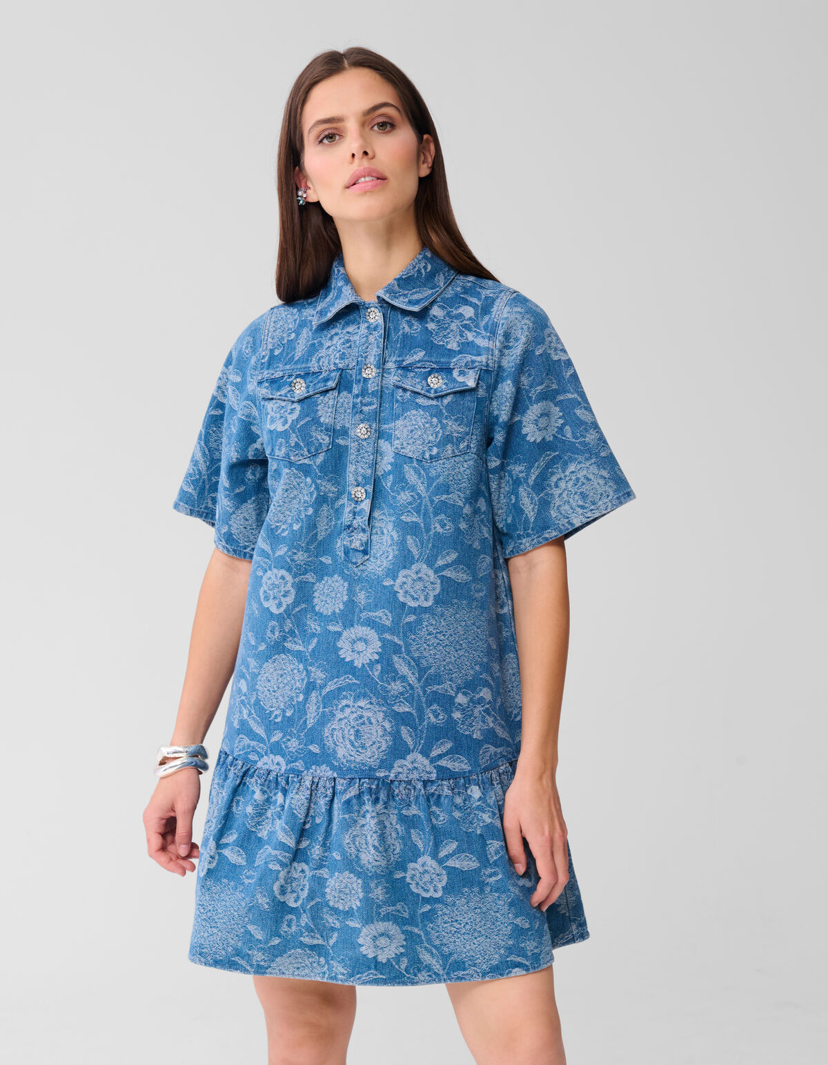 Denim Jacquard Mini Jurk Blauw SHOEBY WOMEN