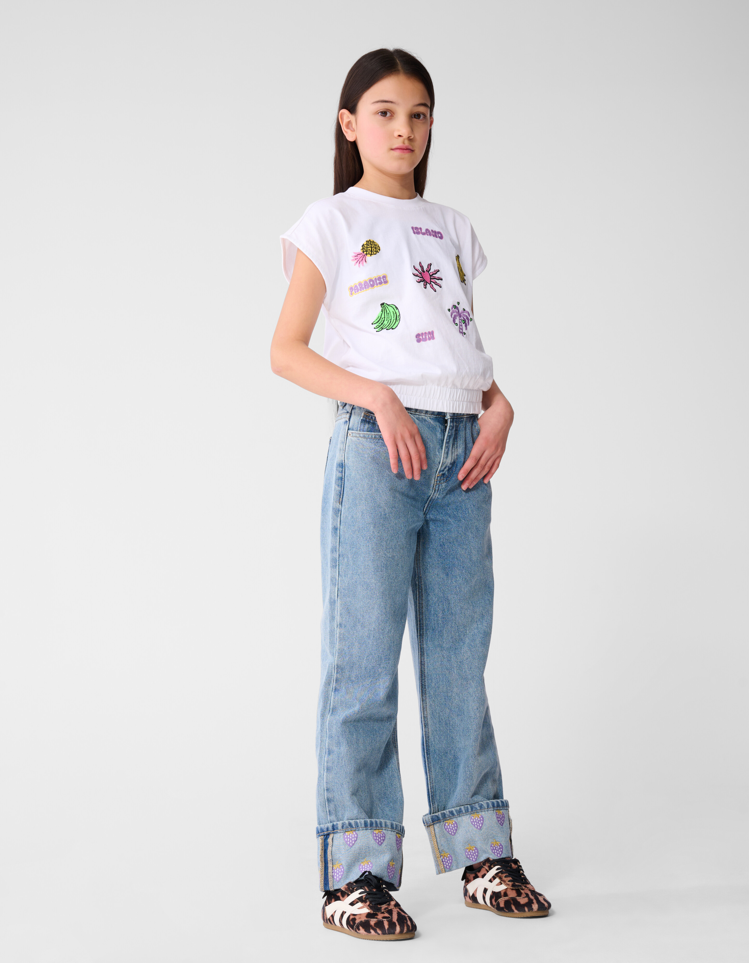 Embroidery Wide Leg Fit Jeans Bleached SHOEBY GIRLS