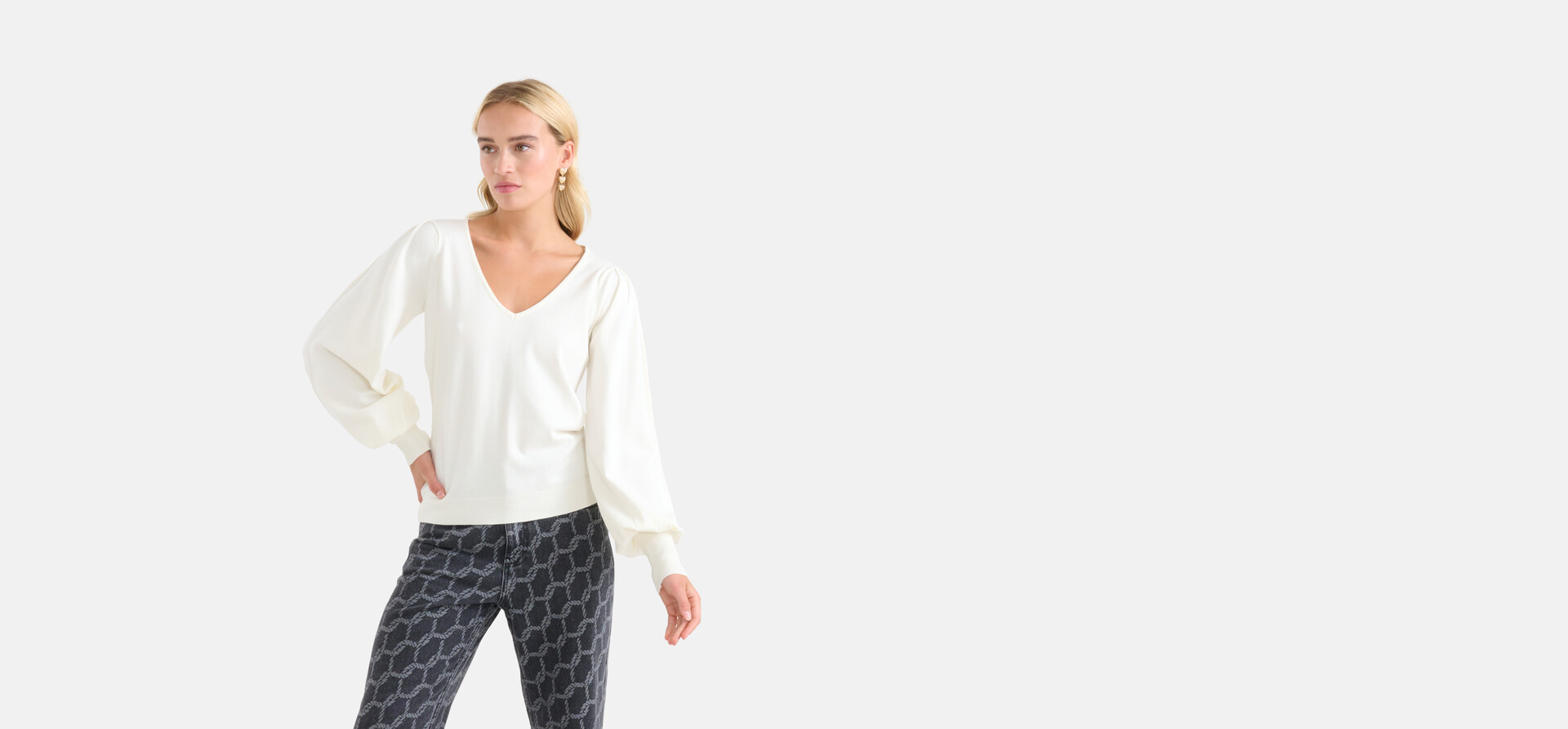 Gebreide V-hals Trui Gebroken Wit SHOEBY WOMEN