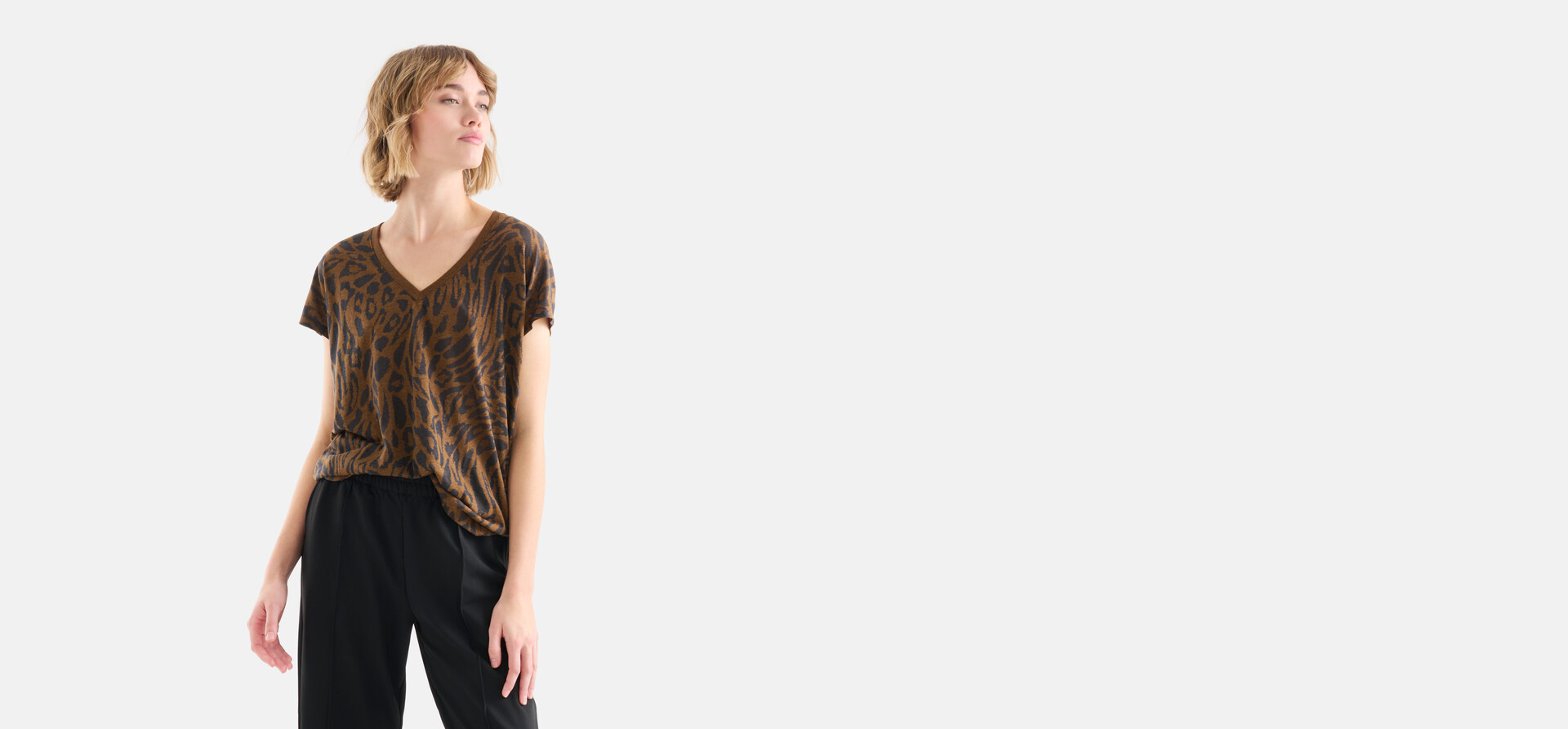 Leopard Print V-Hals T-shirt Bruin SHOEBY WOMEN