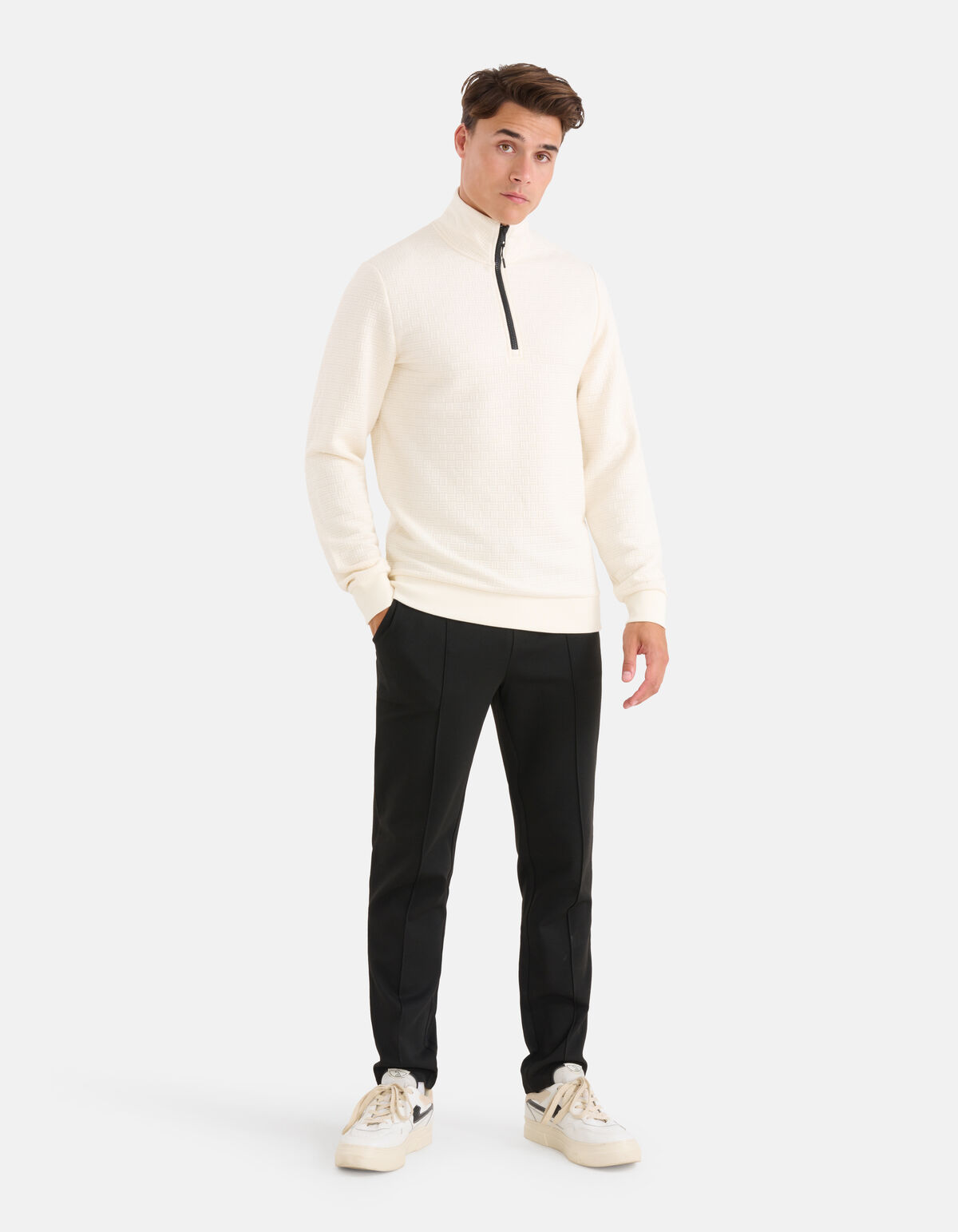 Half Zip Quilted Structuur Sweater Gebroken Wit SHOEBY MEN