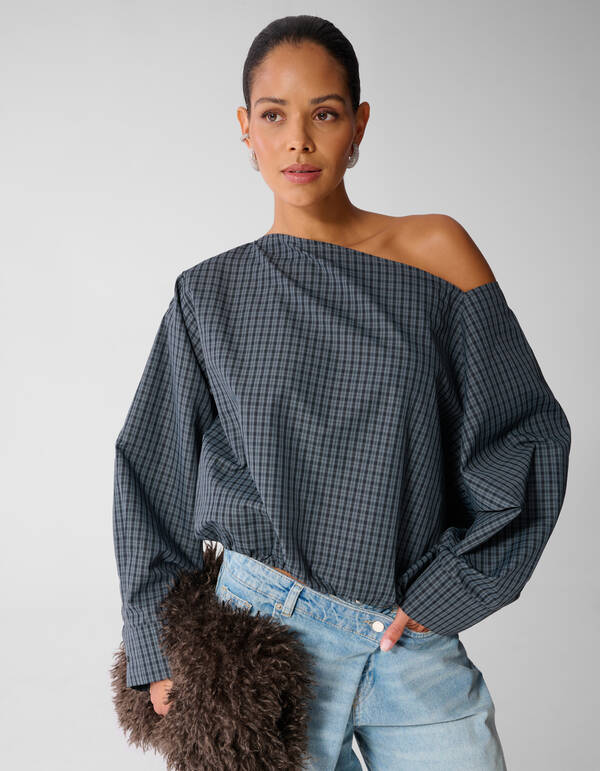 Ruiten Off Shoulder Blouse Donkergrijs SHOEBY WOMEN