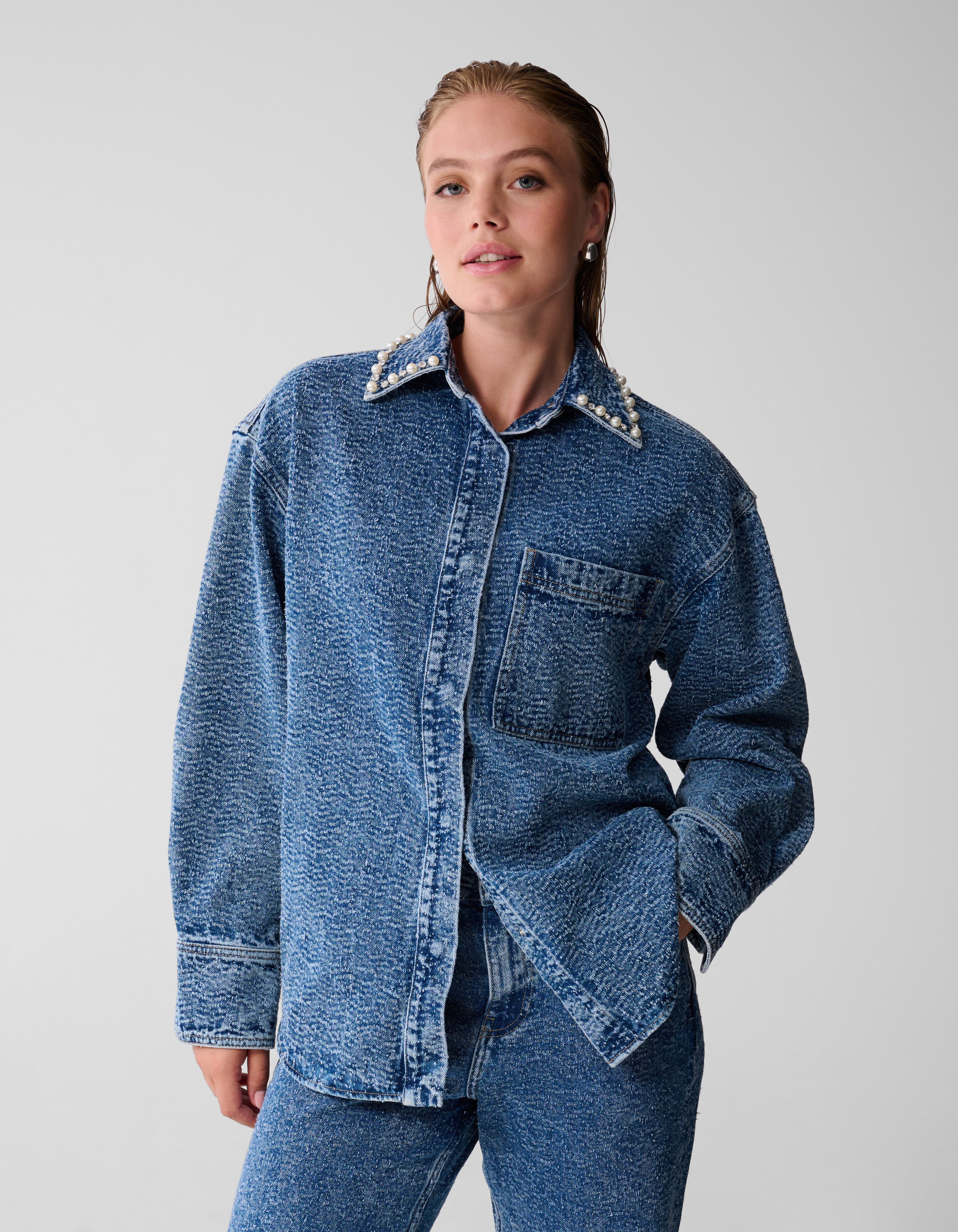 Structuur Denim Blouse Blauw SHOEBY WOMEN