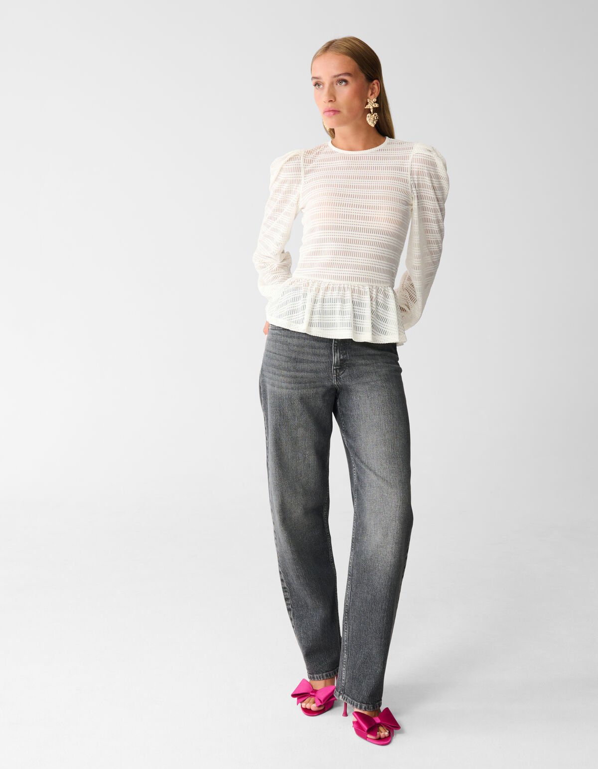 Mesh Structuur Blouse Gebroken Wit SHOEBY WOMEN