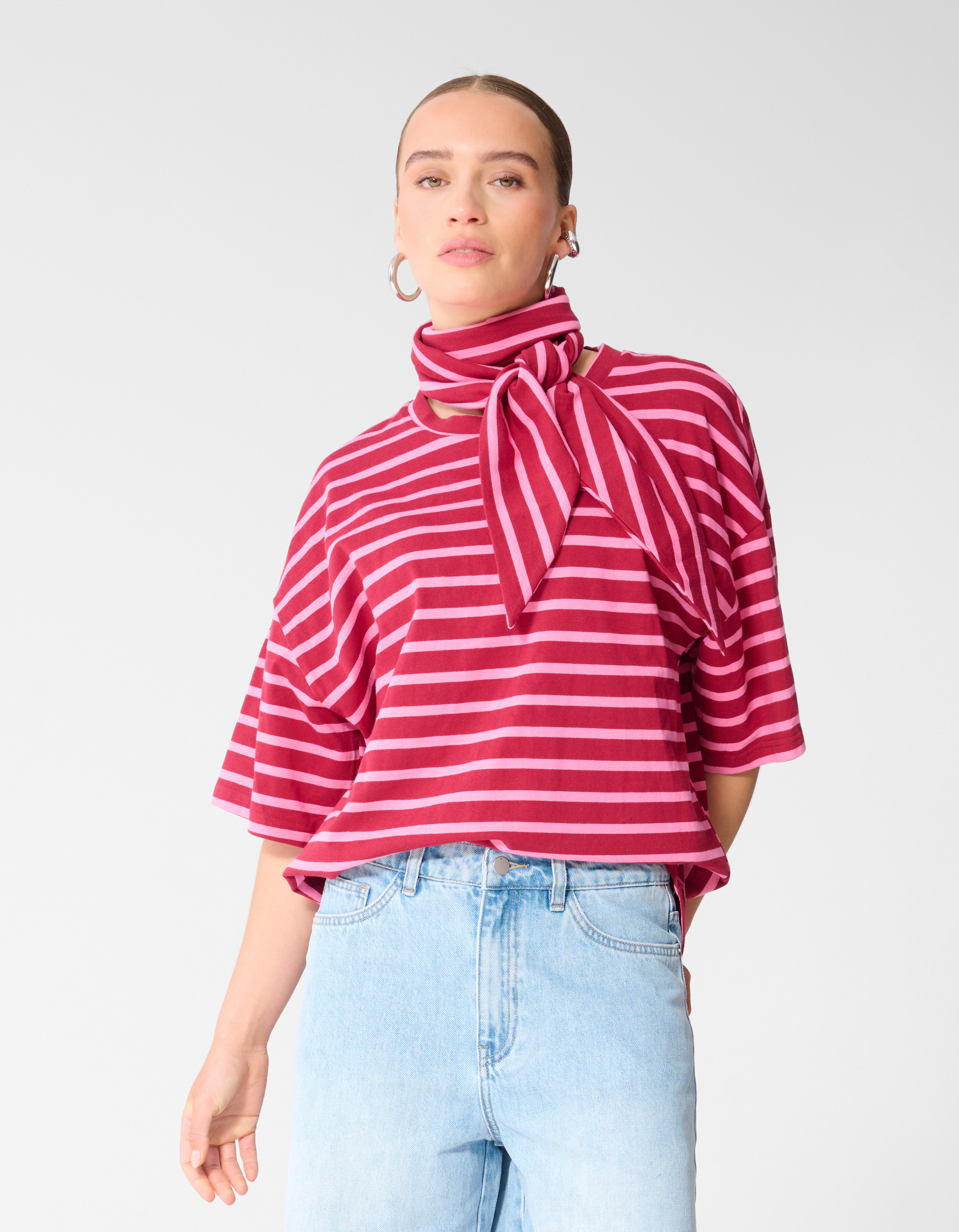 Scarf Striped T-shirt Roze/Rood SHOEBY WOMEN