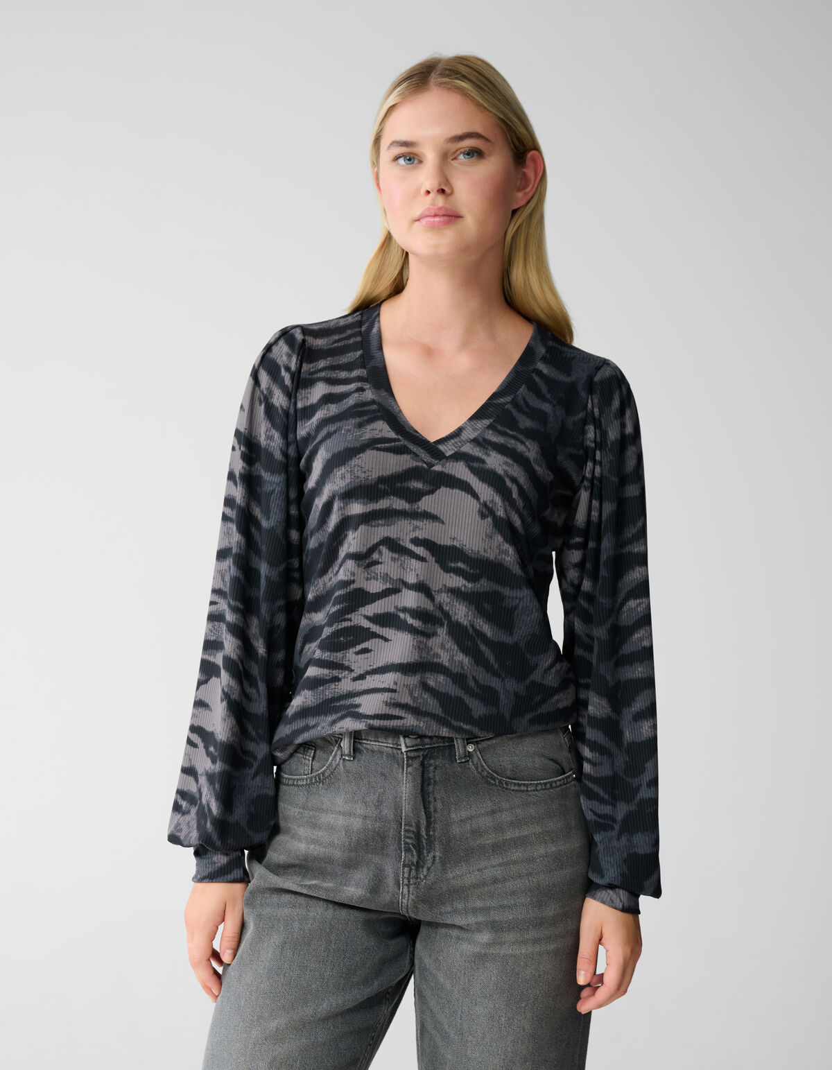 Tijgerprint Rib Jersey Top Donkergrijs SHOEBY WOMEN