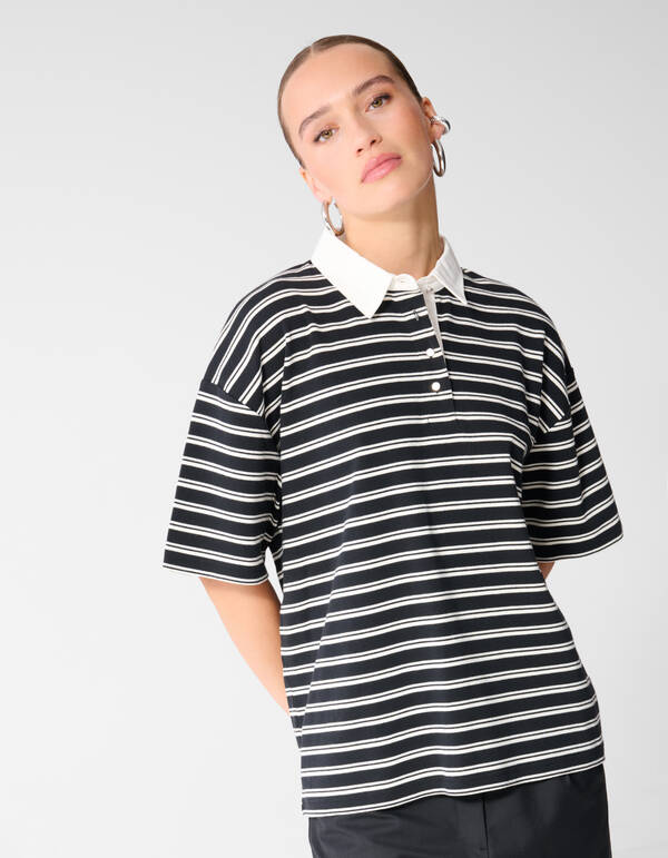 Oversized Stripe Short Sleeve Polo Zwart SHOEBY WOMEN