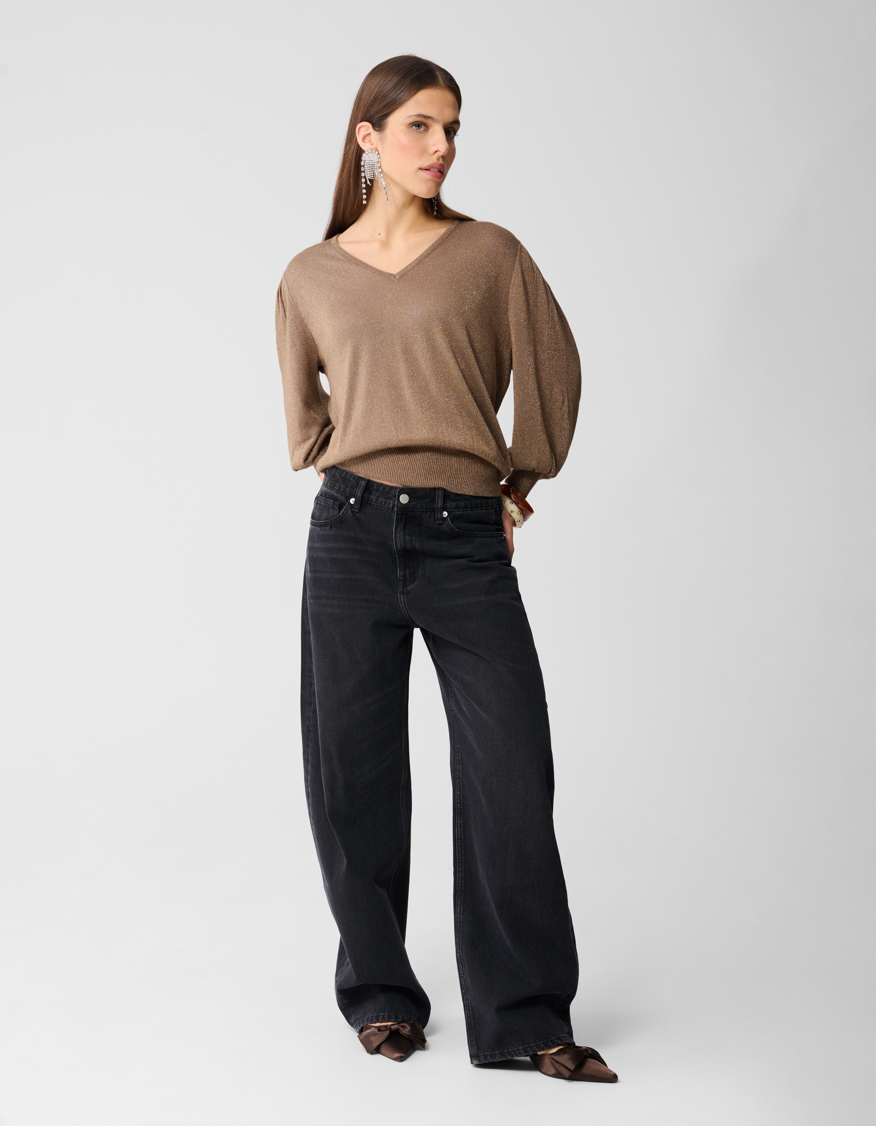 Glitter V-hals Trui Bruin SHOEBY WOMEN