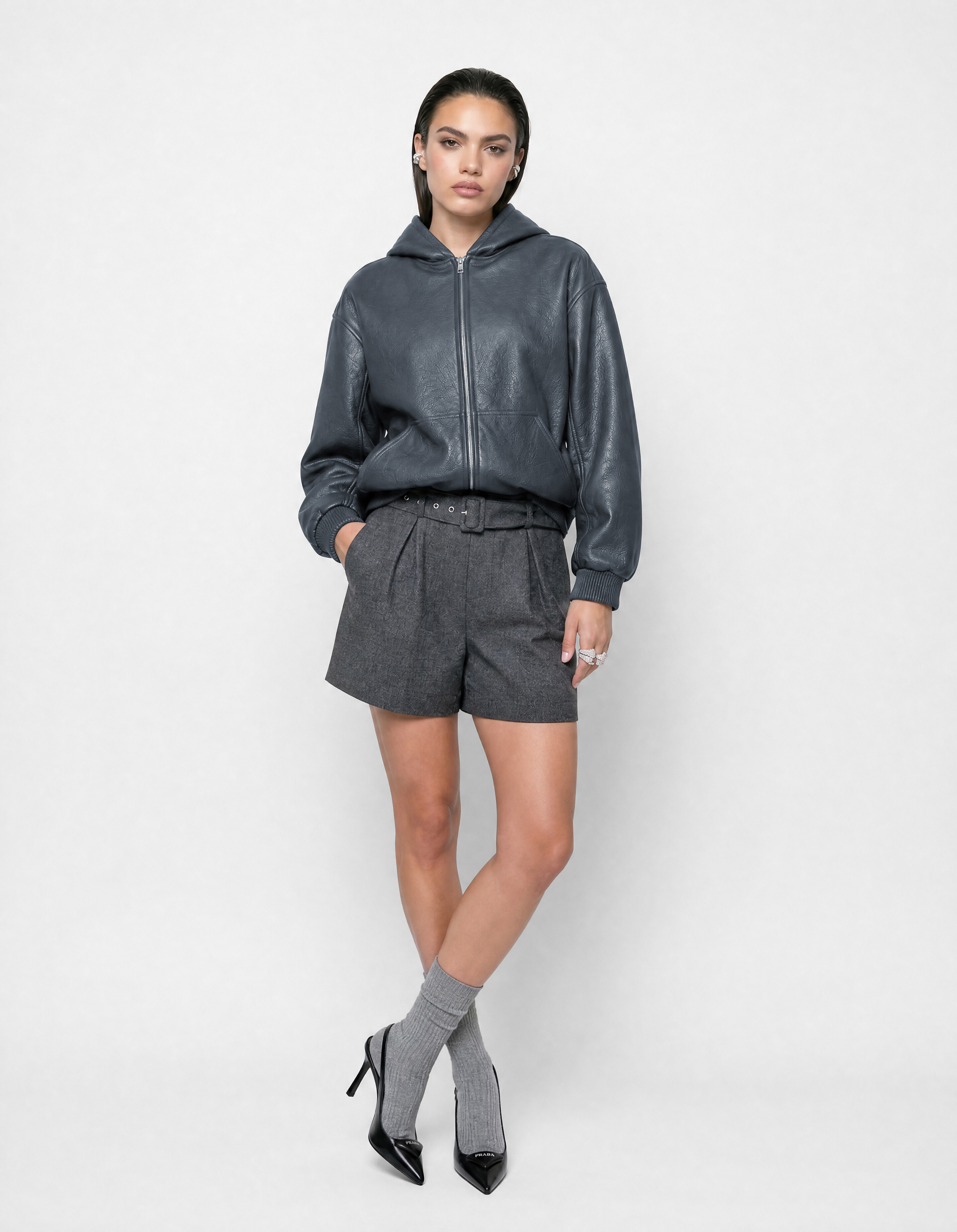 Vegan Leren Hooded Bomber Donkergrijs SHOEBY WOMEN