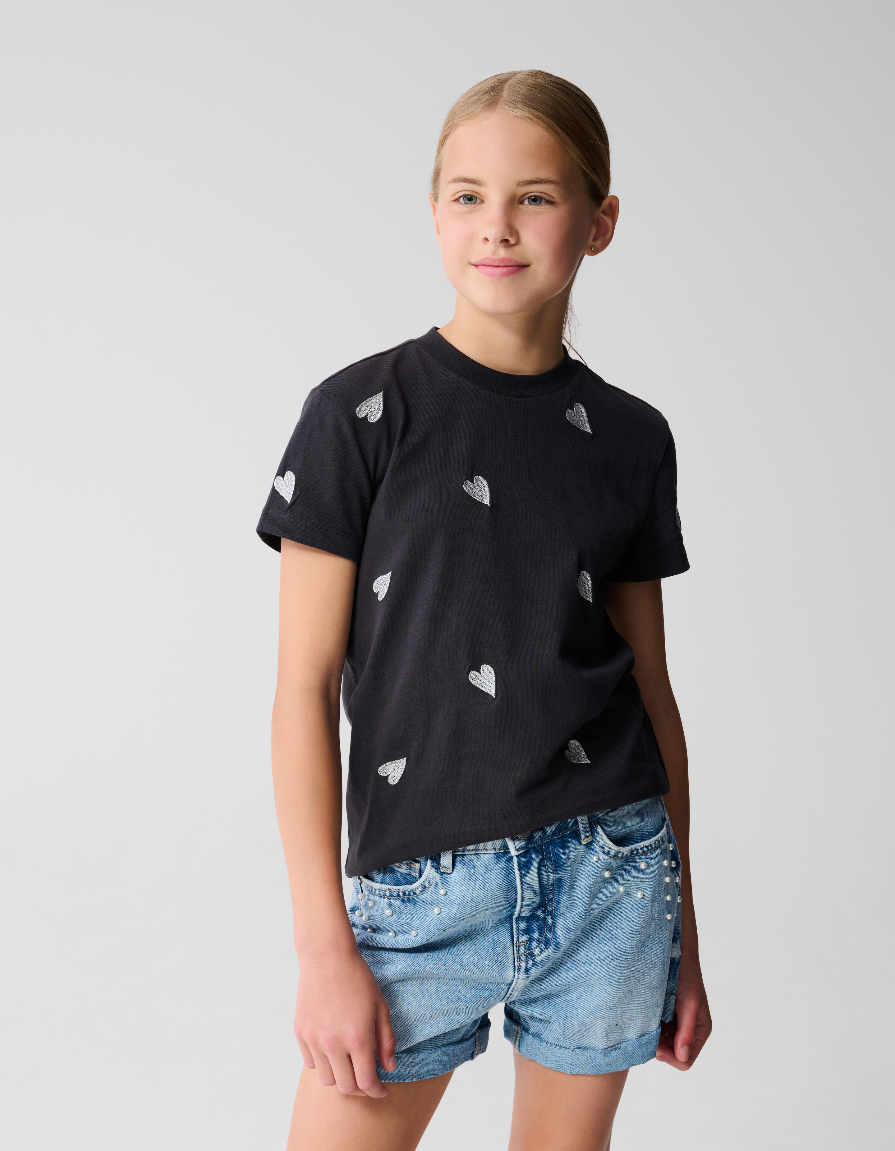 Embroidery Heart T-shirt Donkergrijs SHOEBY GIRLS