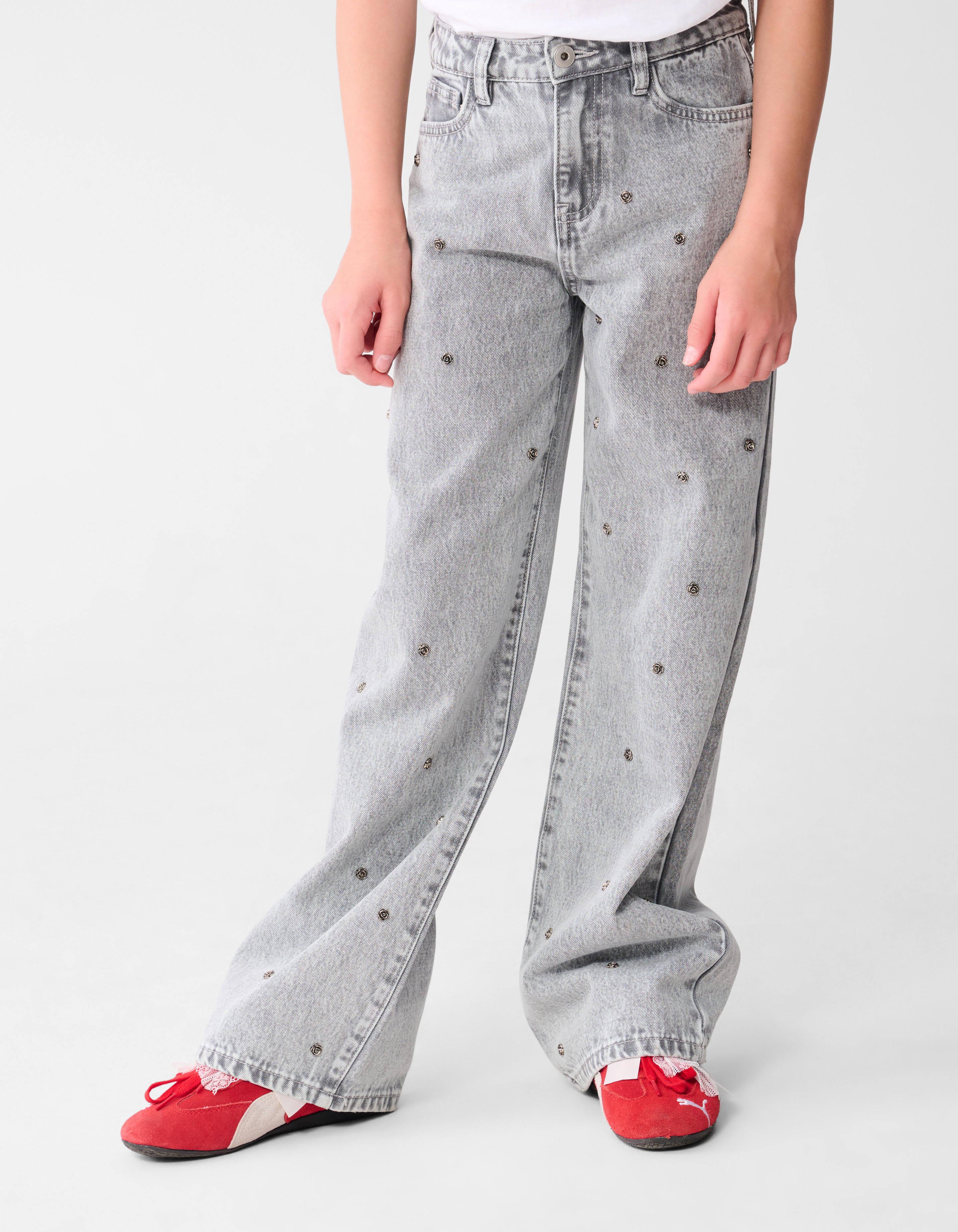 Rose Stud Straight Fit Jeans Lichtgrijs SHOEBY GIRLS