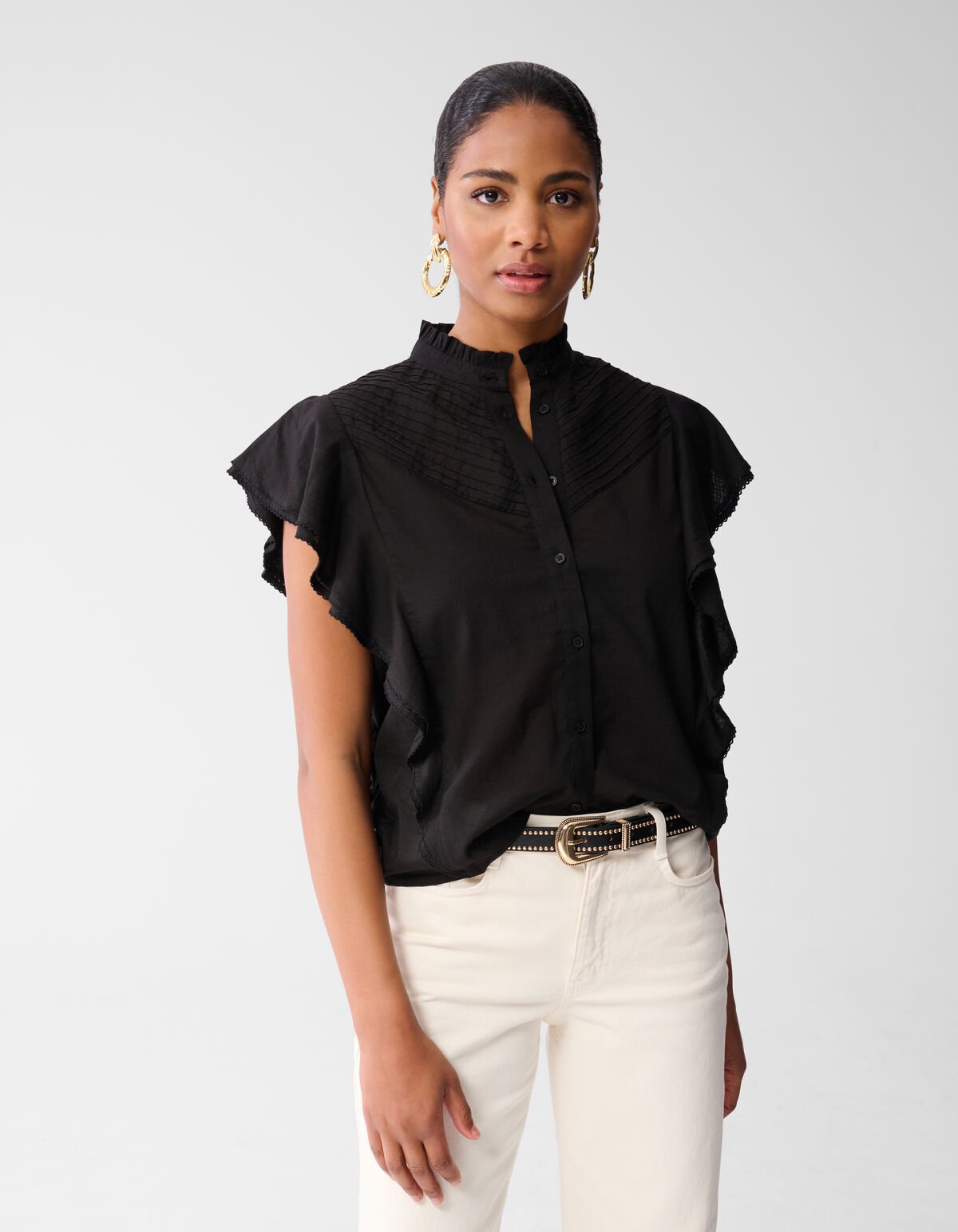 Pintuck Ruffle Top Zwart SHOEBY WOMEN