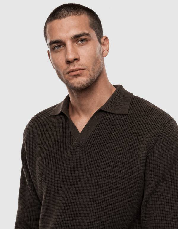 Gebreide Longsleeve Polo Trui Donkerbruin SHOEBY MEN