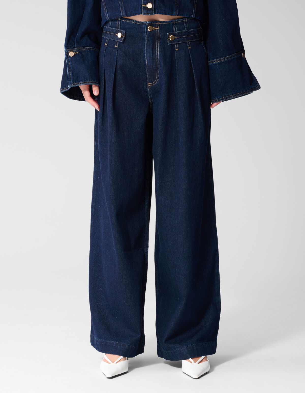 Pleated Button Wide Leg Fit Jeans Donkerblauw SHOEBY WOMEN