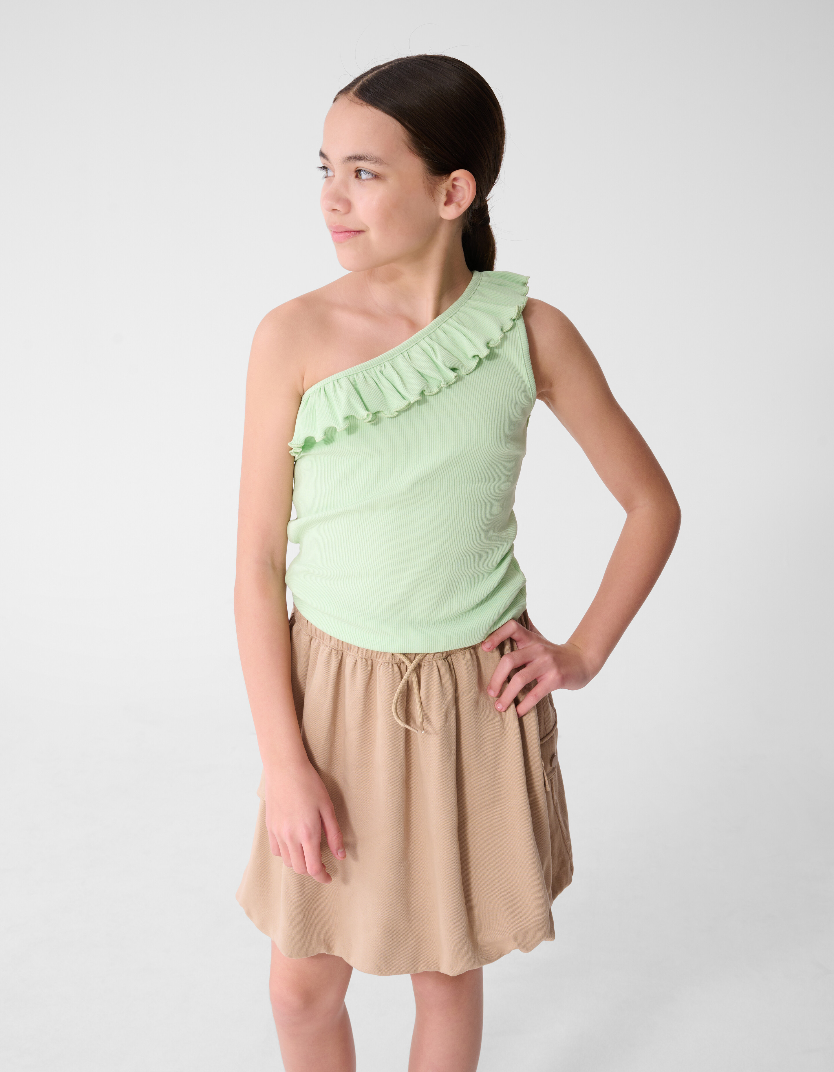One Shoulder Ruffle Top Lichtgroen SHOEBY GIRLS