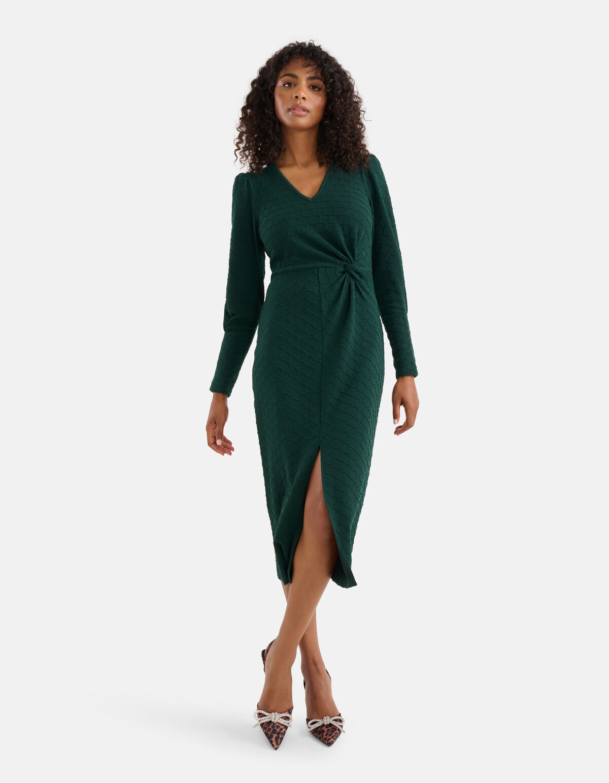 Structuur Midi Jurk Donkergroen SHOEBY WOMEN
