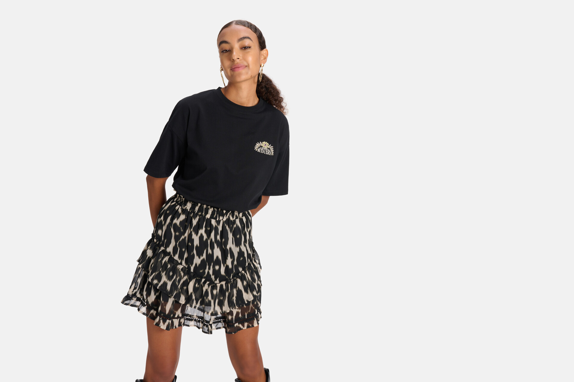 Leopard Ruffle Rok Zwart SHOEBY WOMEN