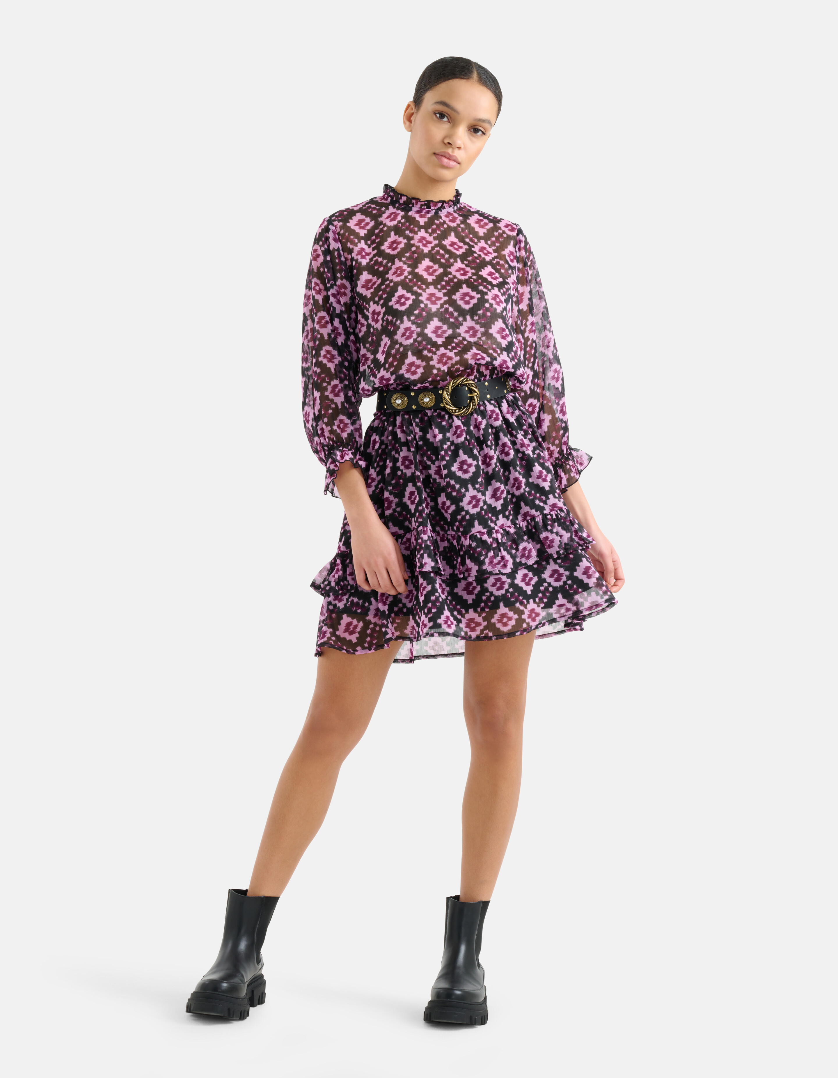 Printed Chiffon Jurk Zwart/Paars SHOEBY WOMEN