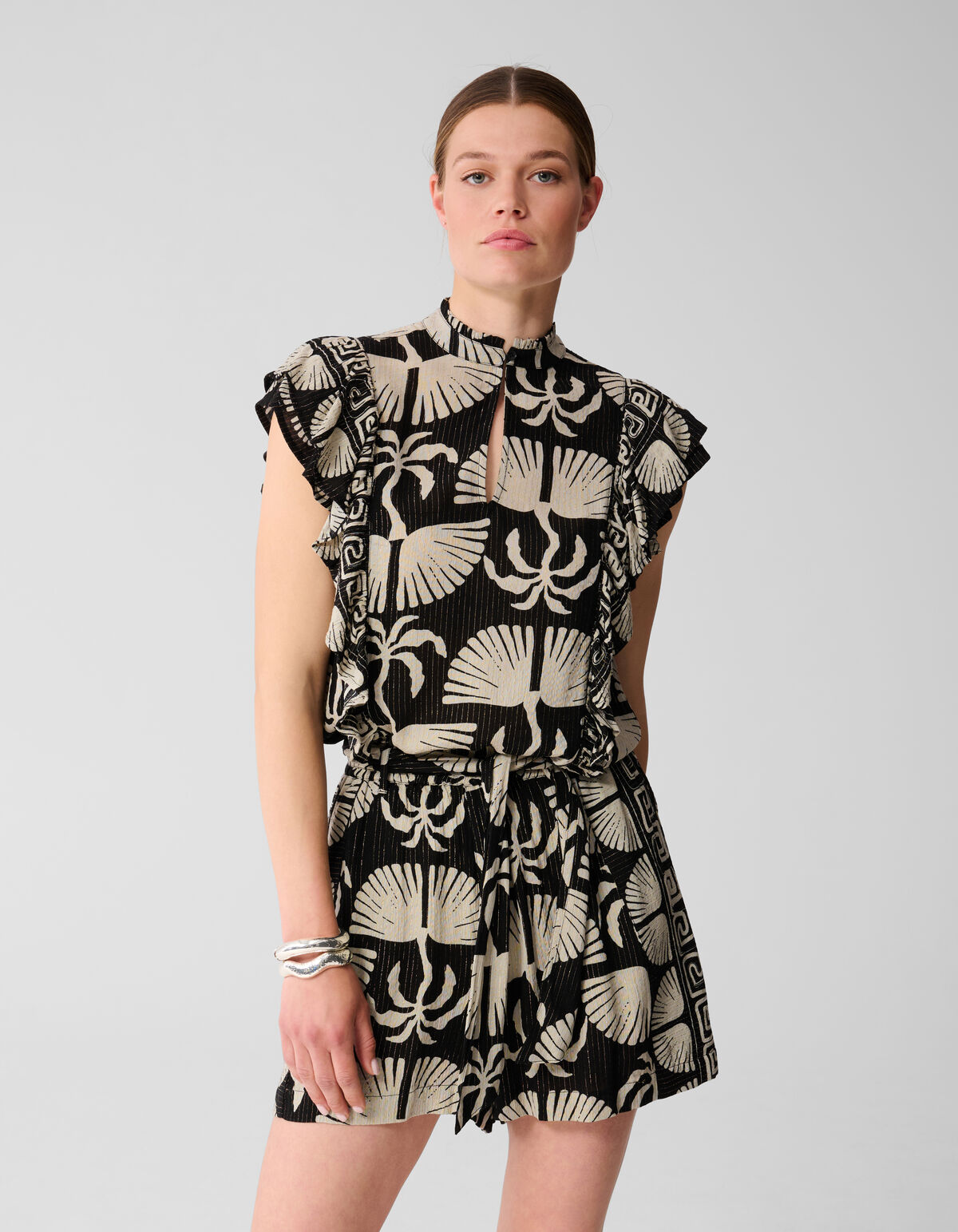 Printed Ruffle Top Zwart/Wit SHOEBY WOMEN