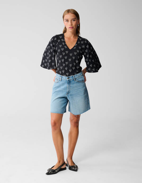 Heart Printed Rib Jersey Top Zwart SHOEBY WOMEN