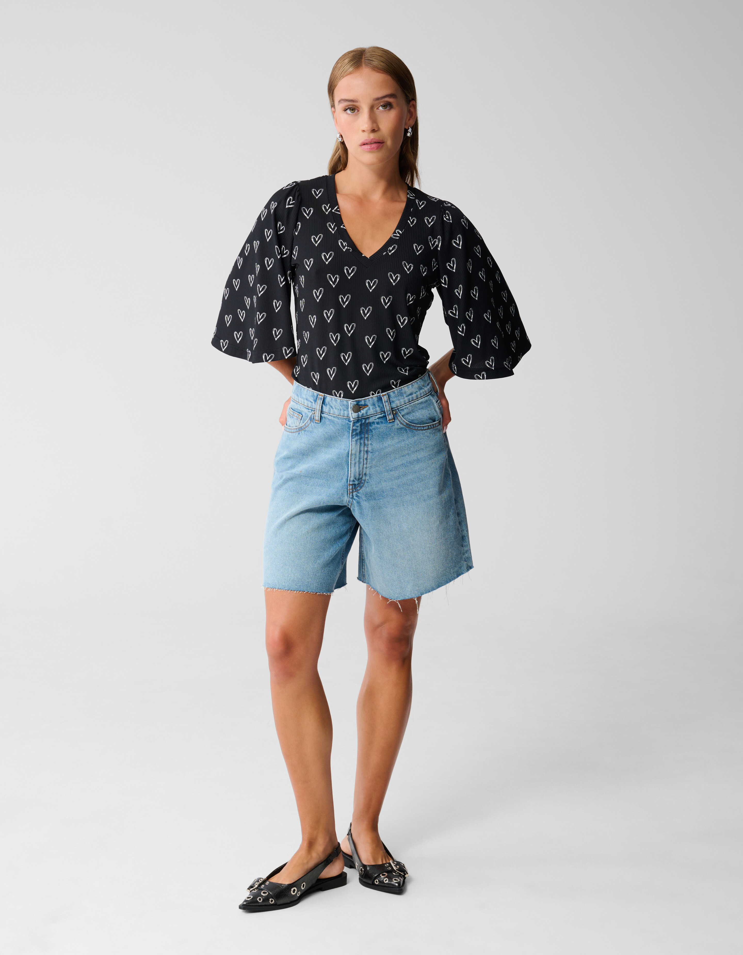 Heart Printed Rib Jersey Top Zwart SHOEBY WOMEN