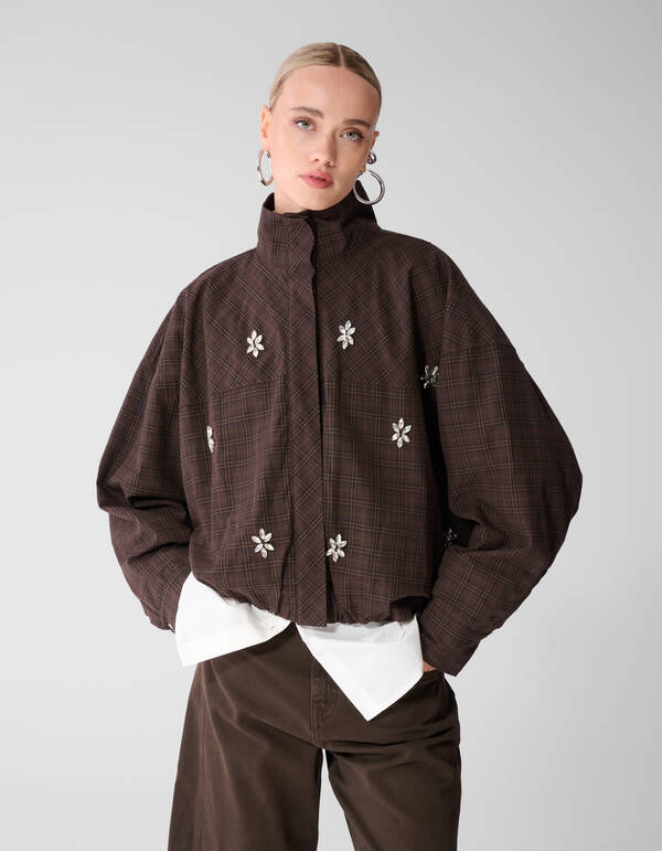 Check Bomber Blouse Donkerbruin SHOEBY WOMEN