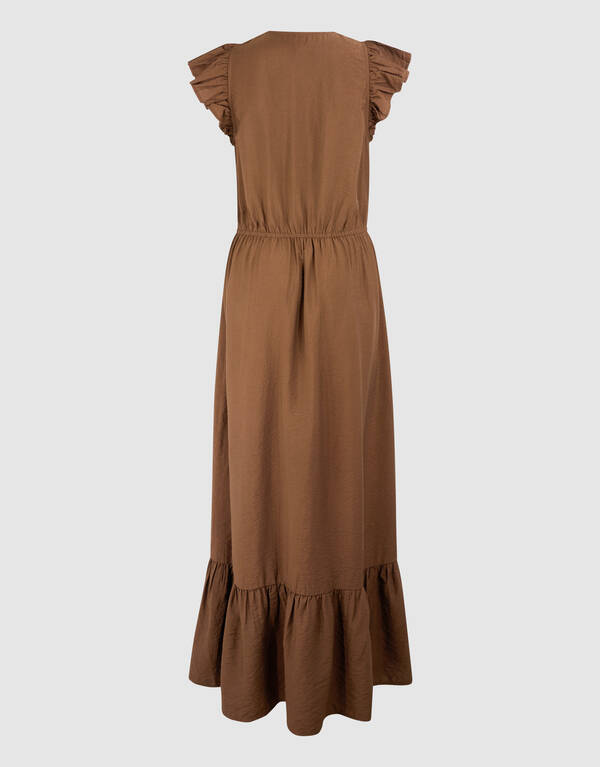 Ruffle V-hals Maxi Jurk Donkerbruin SHOEBY WOMEN