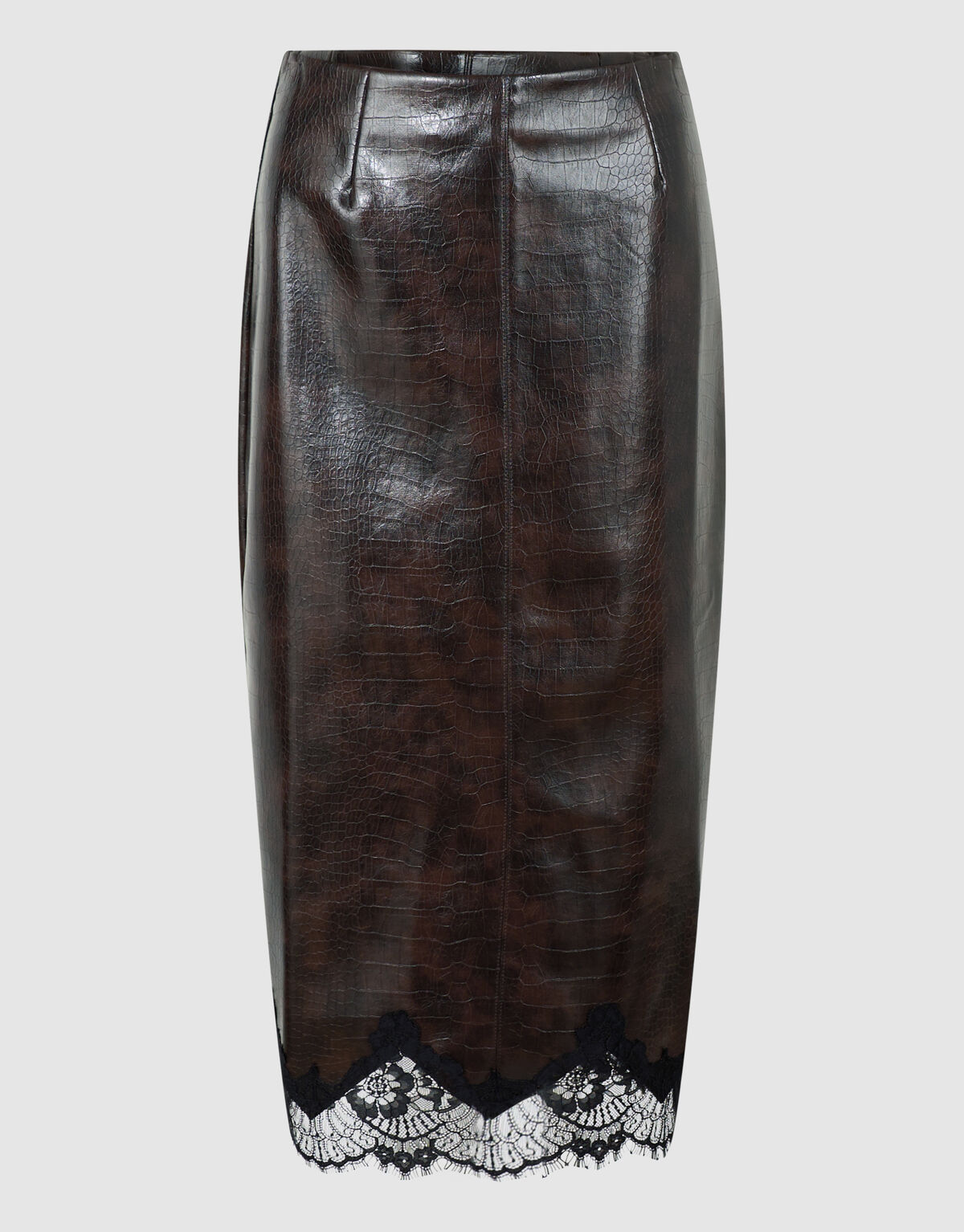 Croco Vegan Leren Midi Rok Donkerbruin SHOEBY WOMEN