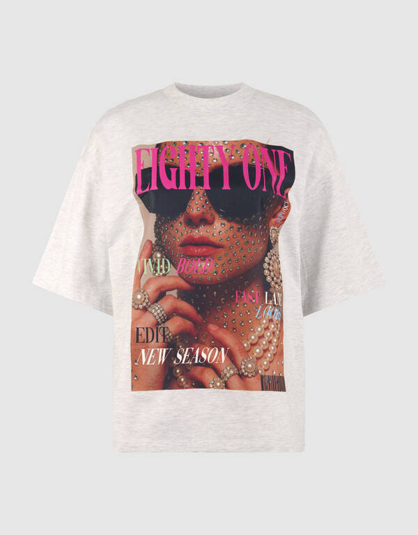 Oversized Magazine Artwork T-shirt Lichtgrijs SHOEBY WOMEN