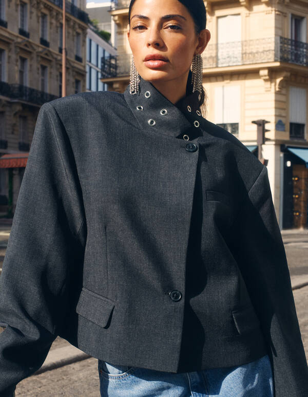 Cropped Eyelet Blazer Donkergrijs SHOEBY WOMEN