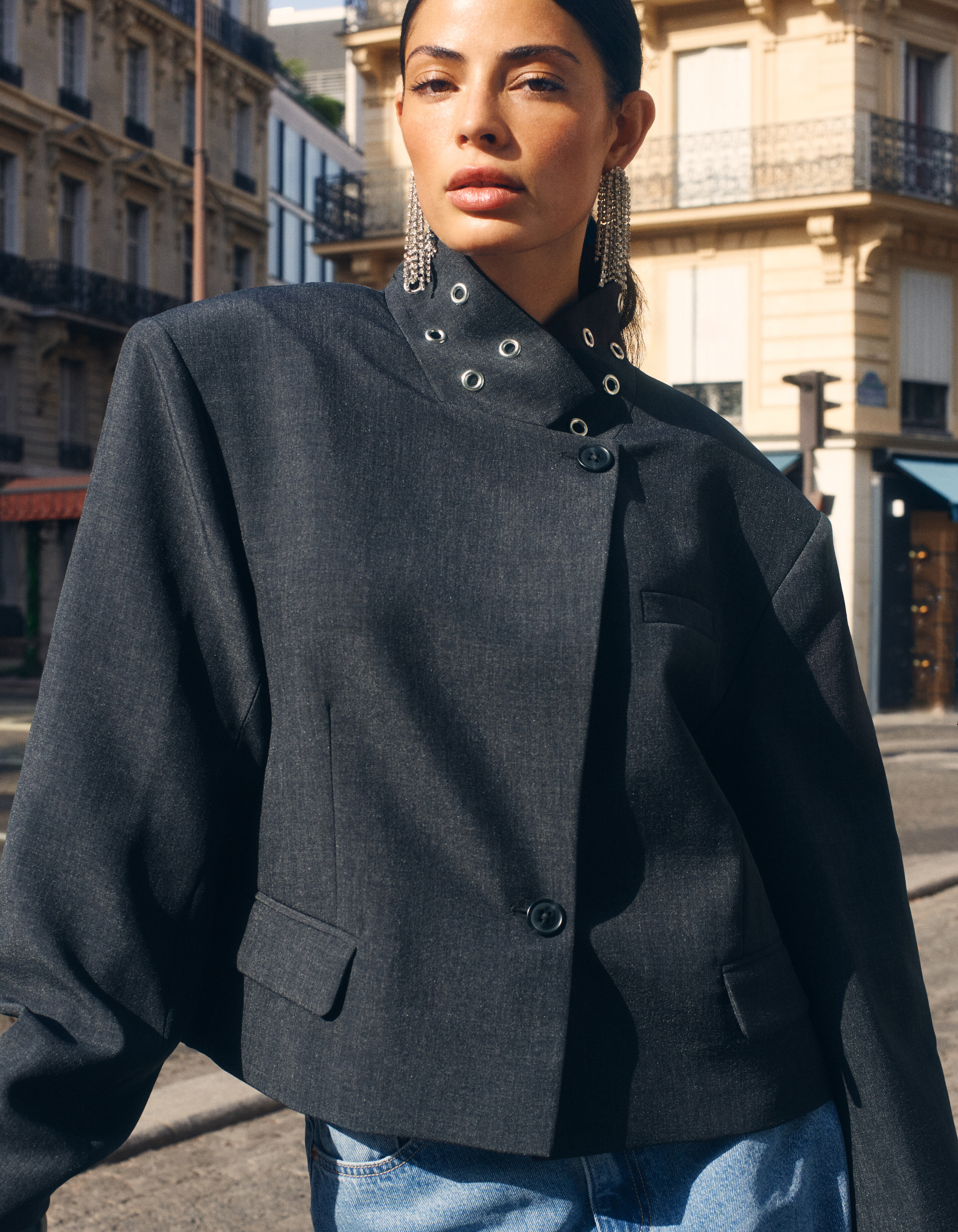 Cropped Eyelet Blazer Donkergrijs SHOEBY WOMEN
