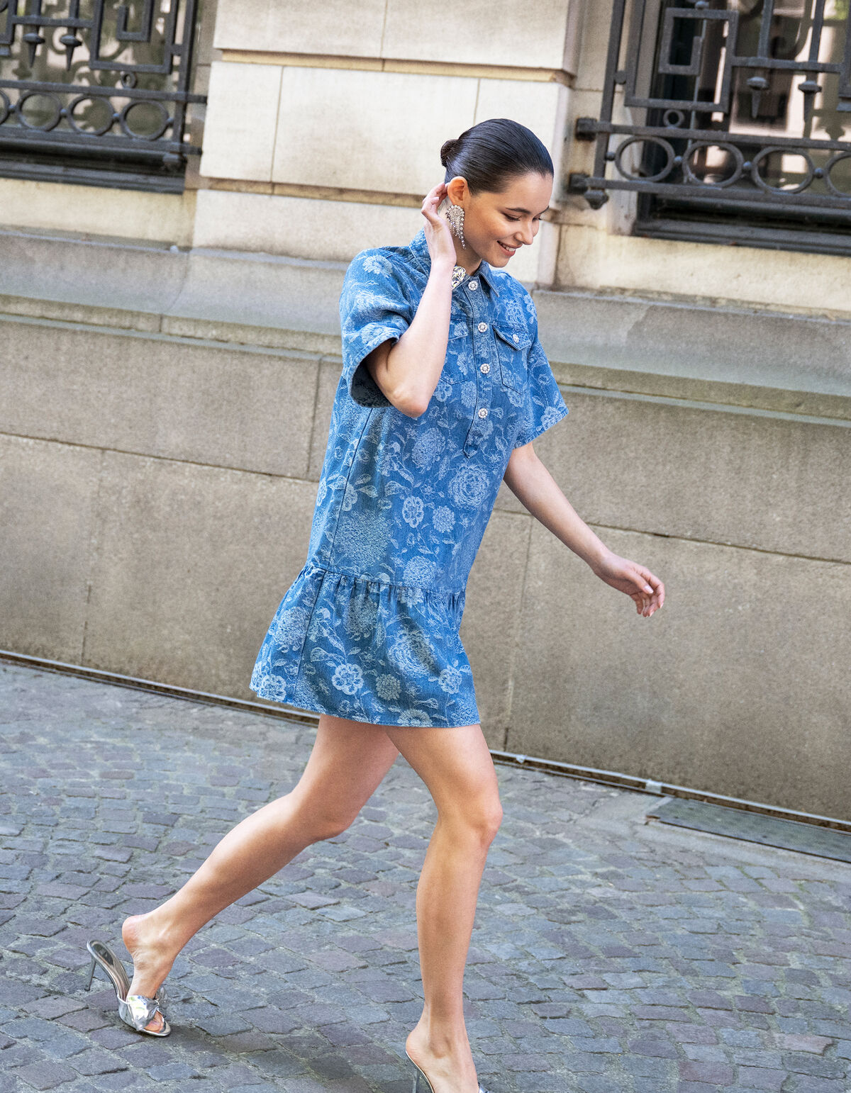 Denim Jacquard Mini Jurk Blauw SHOEBY WOMEN