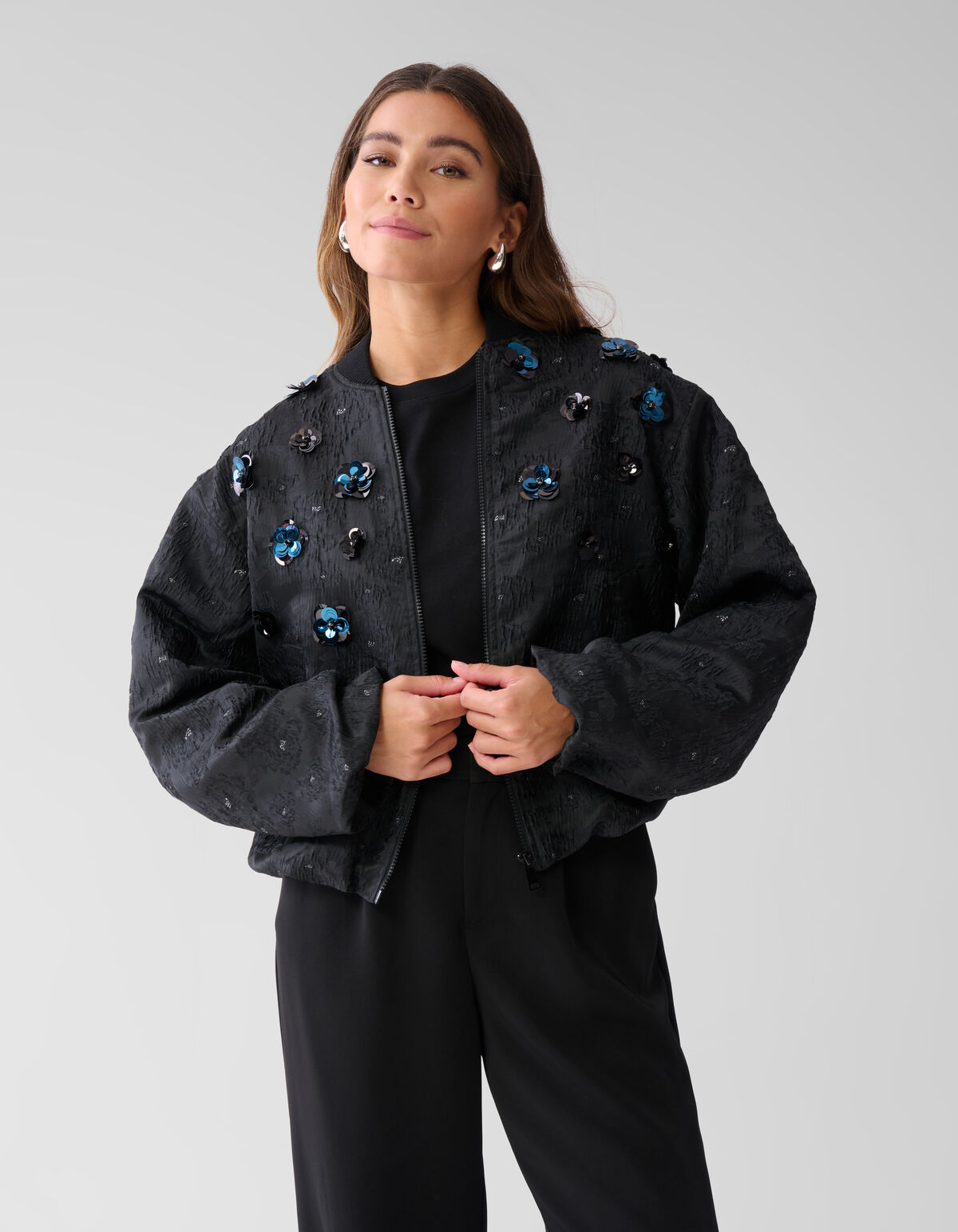 Flower Embellished Bomber Zwart SHOEBY WOMEN