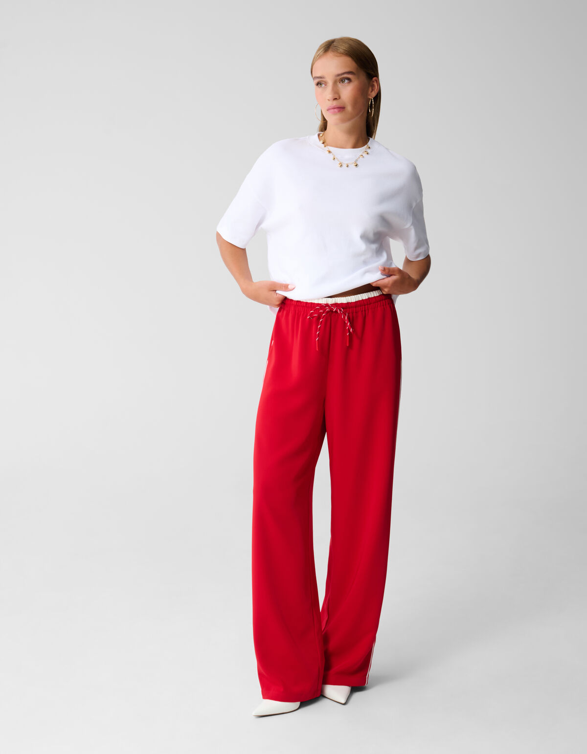 Sporty Waistband Wide Leg Broek Rood SHOEBY WOMEN