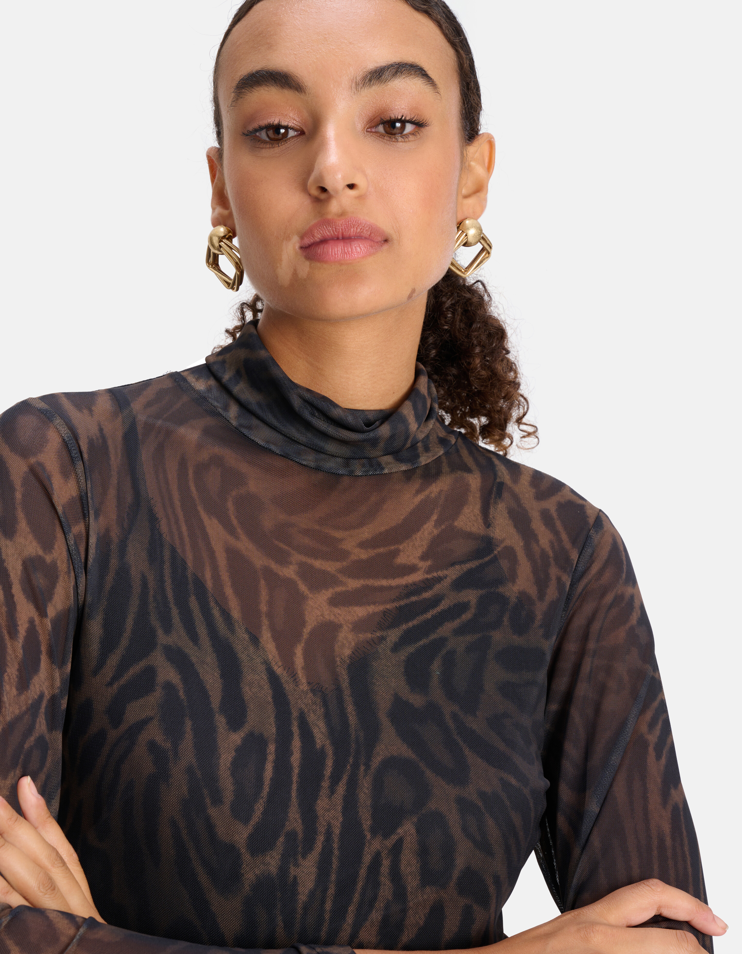 Leopard Print Mesh Top Donkergroen SHOEBY WOMEN