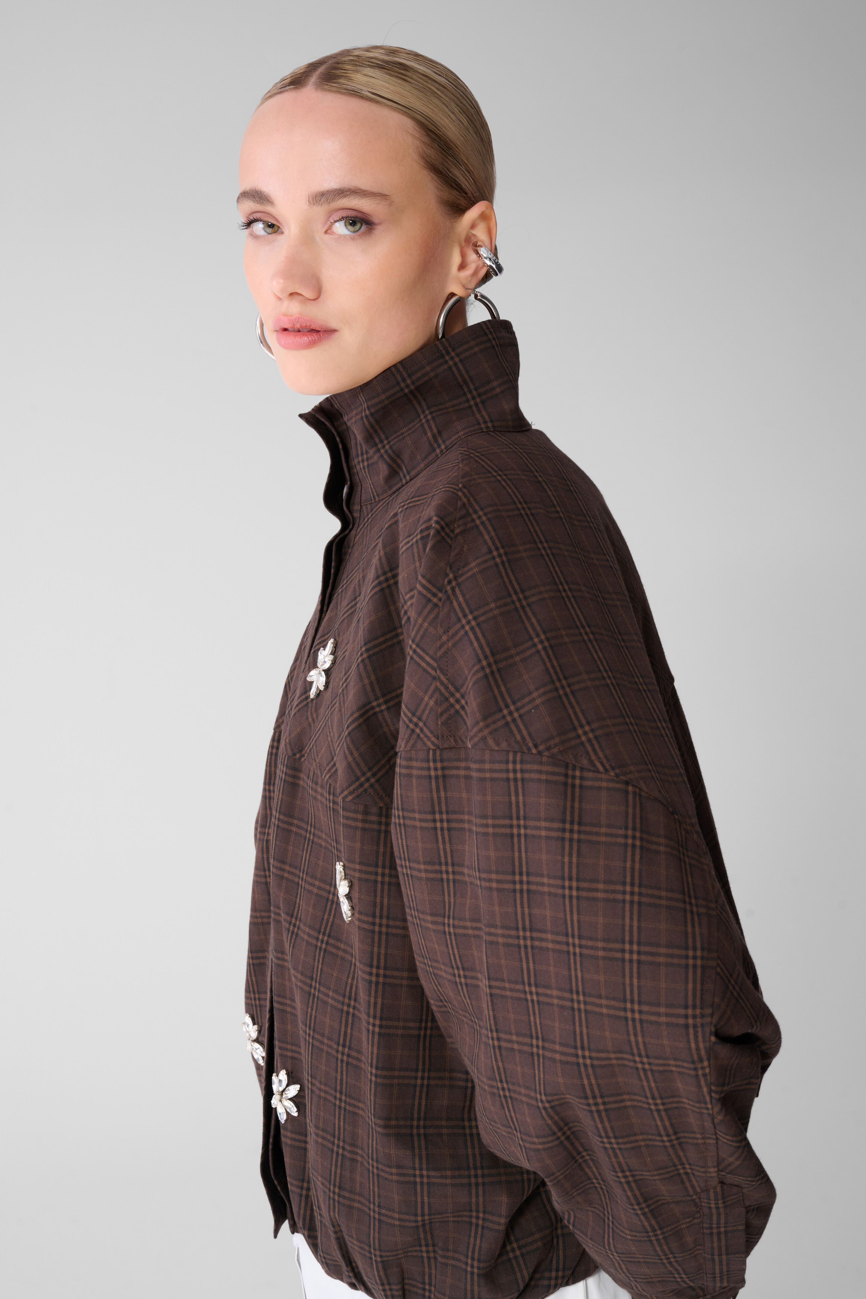 Check Bomber Blouse Donkerbruin SHOEBY WOMEN