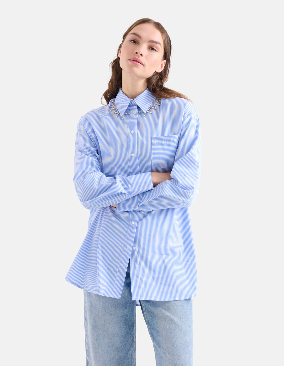 Pinstripe Strass Blouse Blauw SHOEBY WOMEN