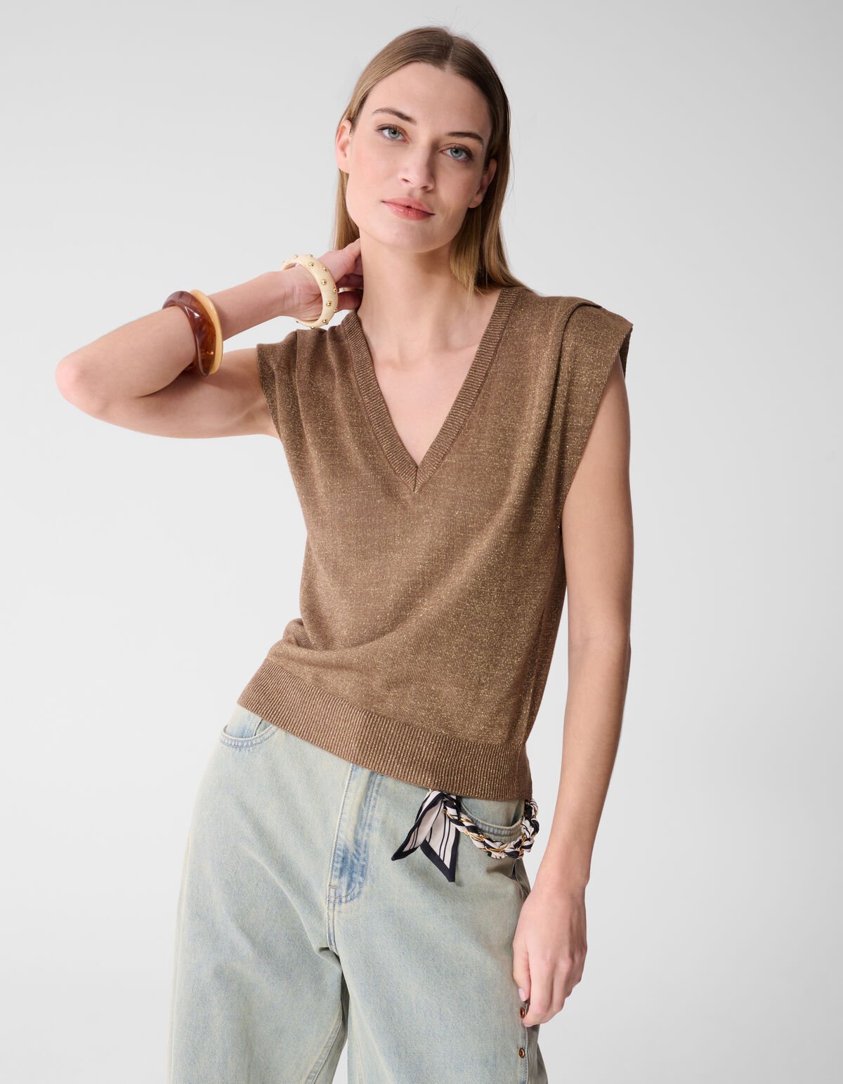 Glitter V-Neck Top Bruin SHOEBY WOMEN