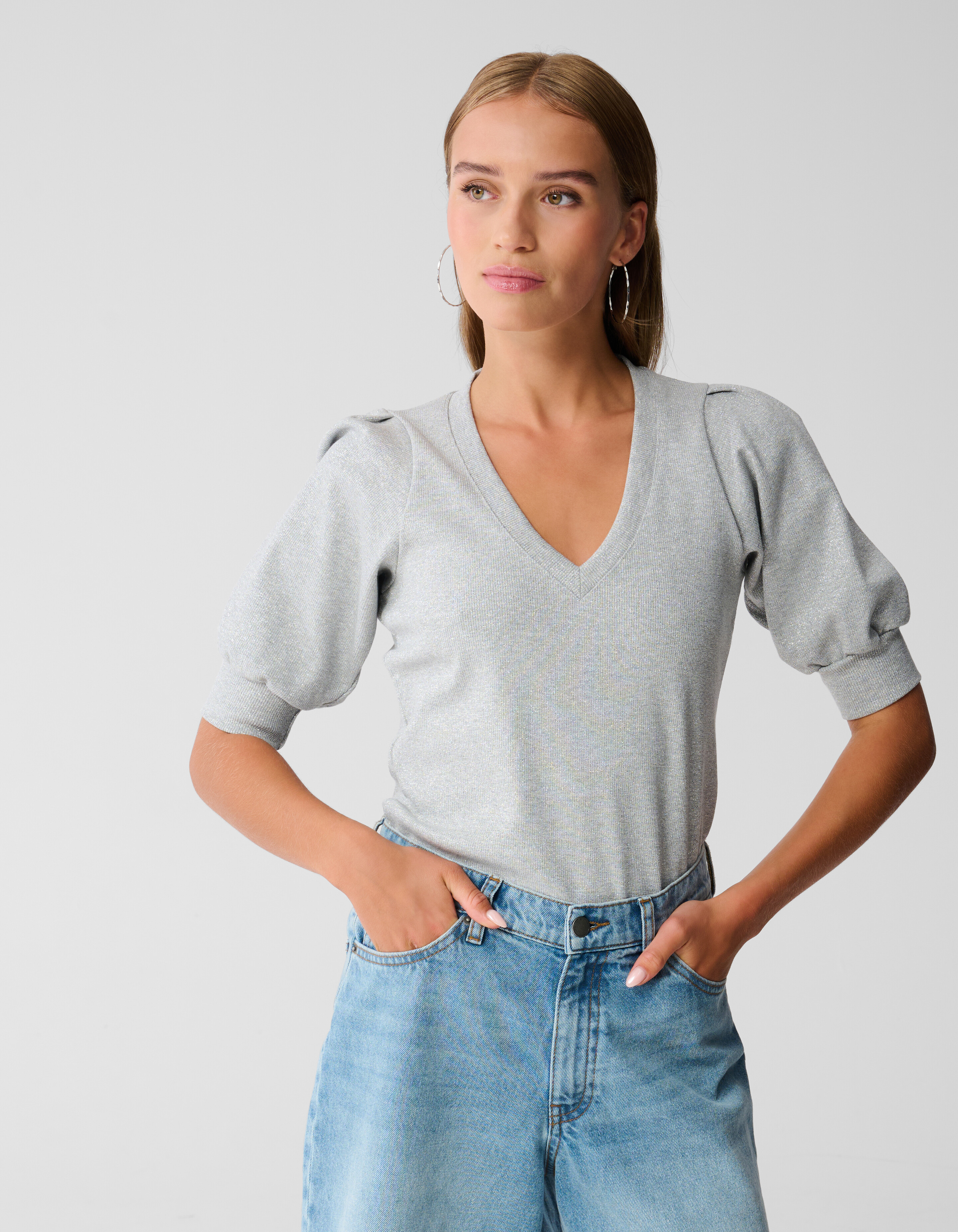 Puff V-hals Top Grijs SHOEBY WOMEN
