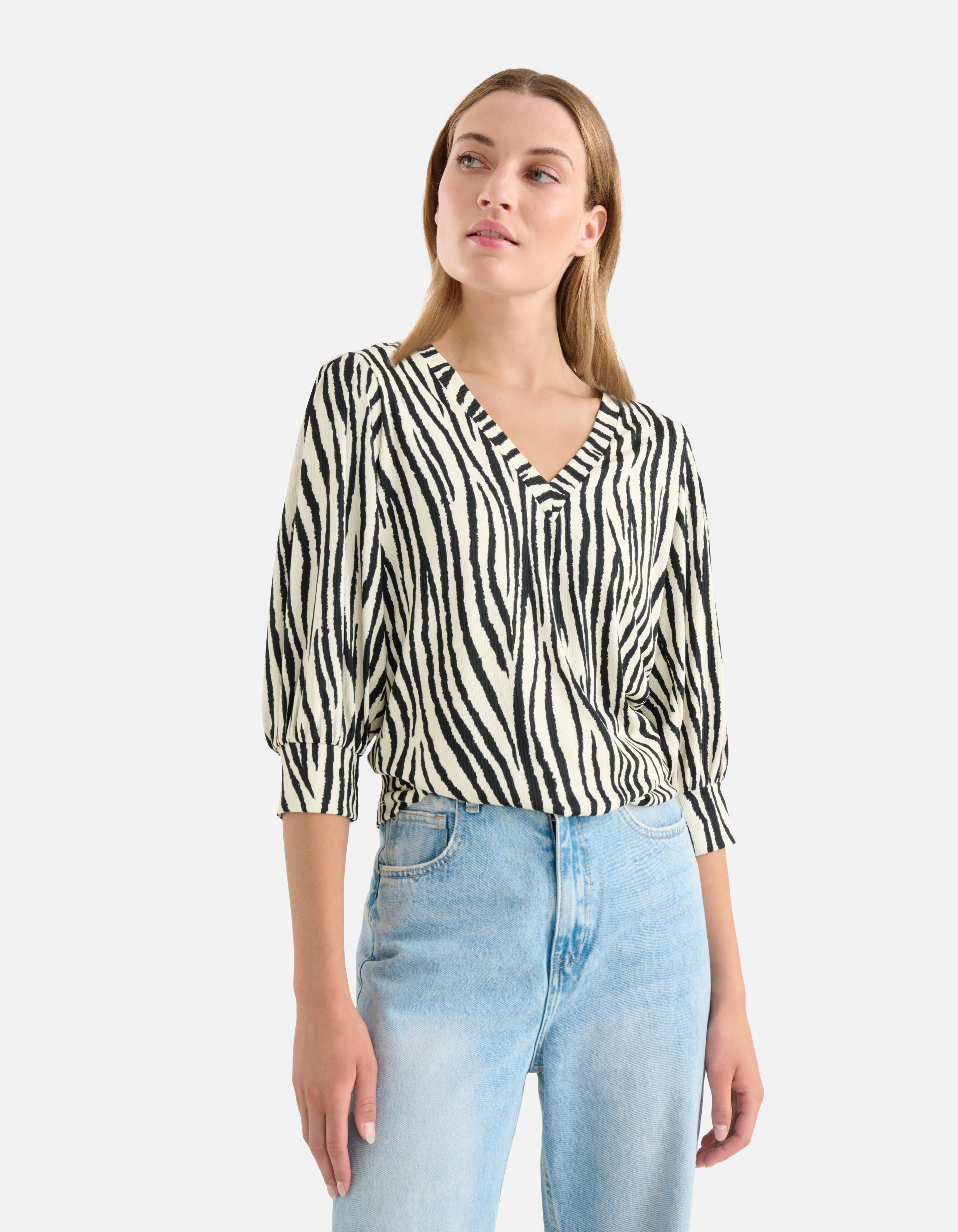 Printed Rib V-hals Top Zwart/Wit SHOEBY WOMEN