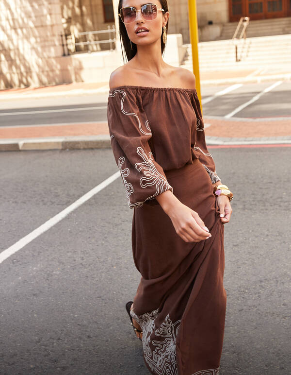 Embroidery Maxi Rok Bruin SHOEBY WOMEN