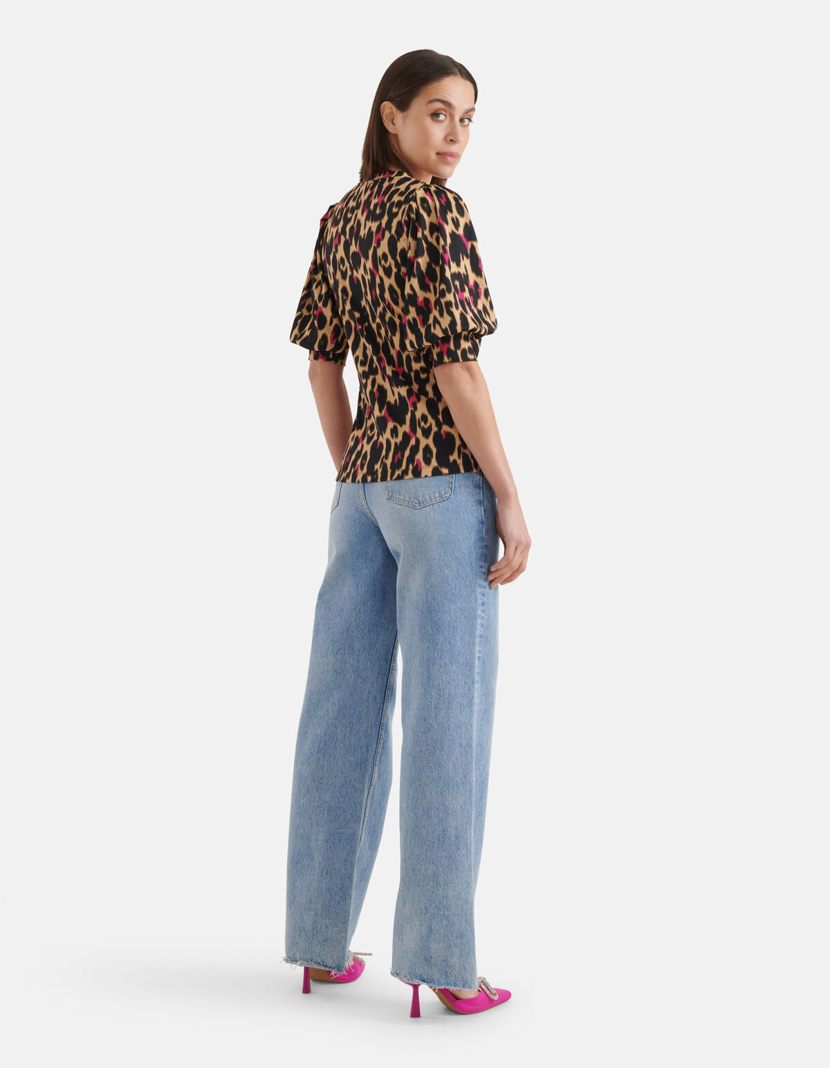 Leopard Rib V-hals Top Bruin SHOEBY WOMEN