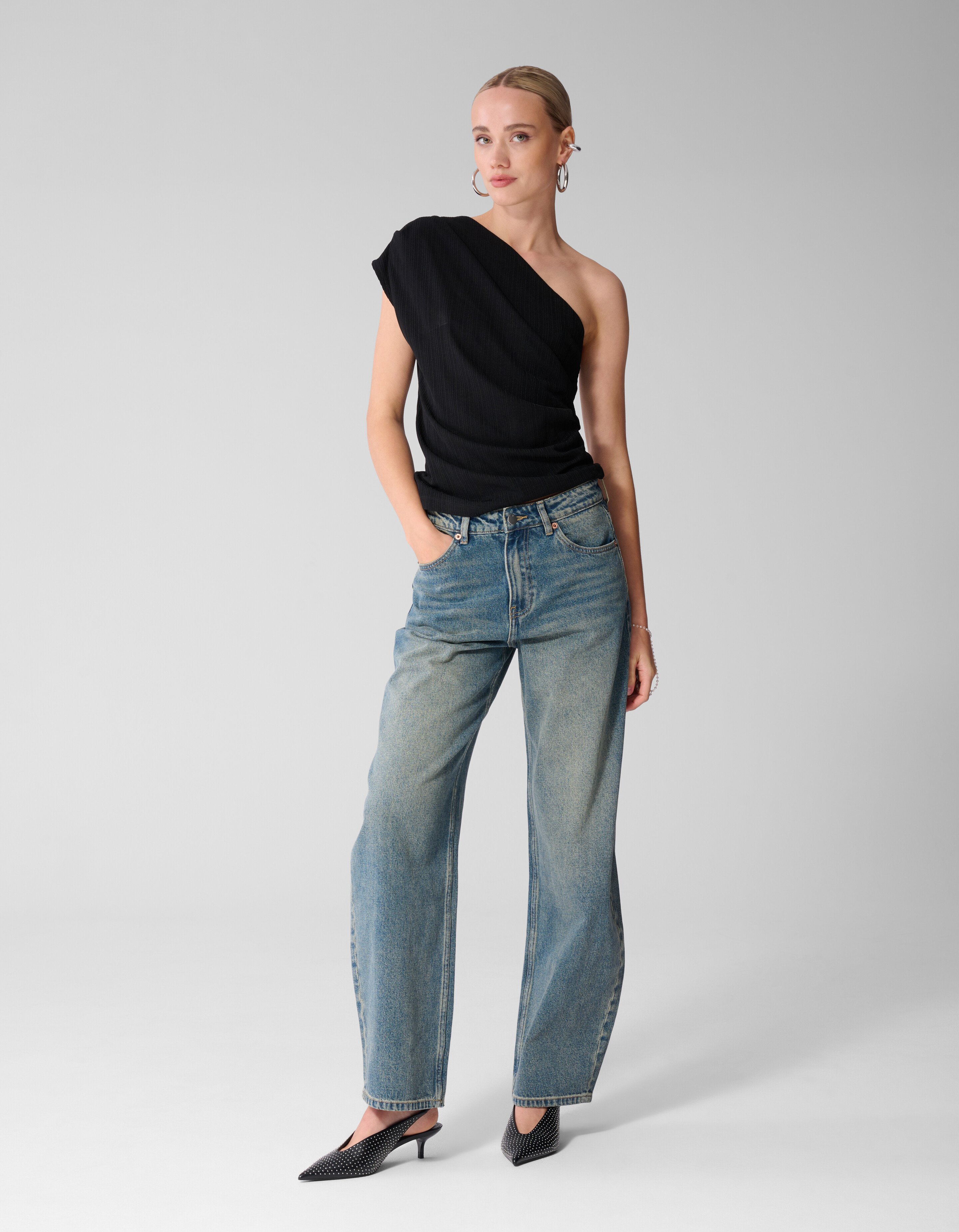 Pleated One Shoulder Top Zwart SHOEBY WOMEN