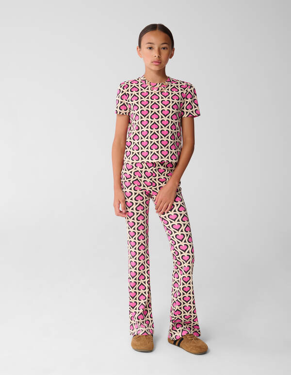 Heart Printed Rib Flared Legging Roze SHOEBY GIRLS