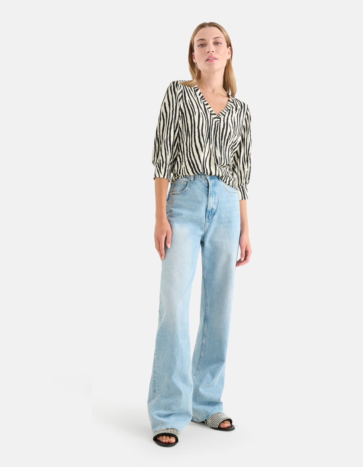 Printed Rib V-hals Top Zwart/Wit SHOEBY WOMEN