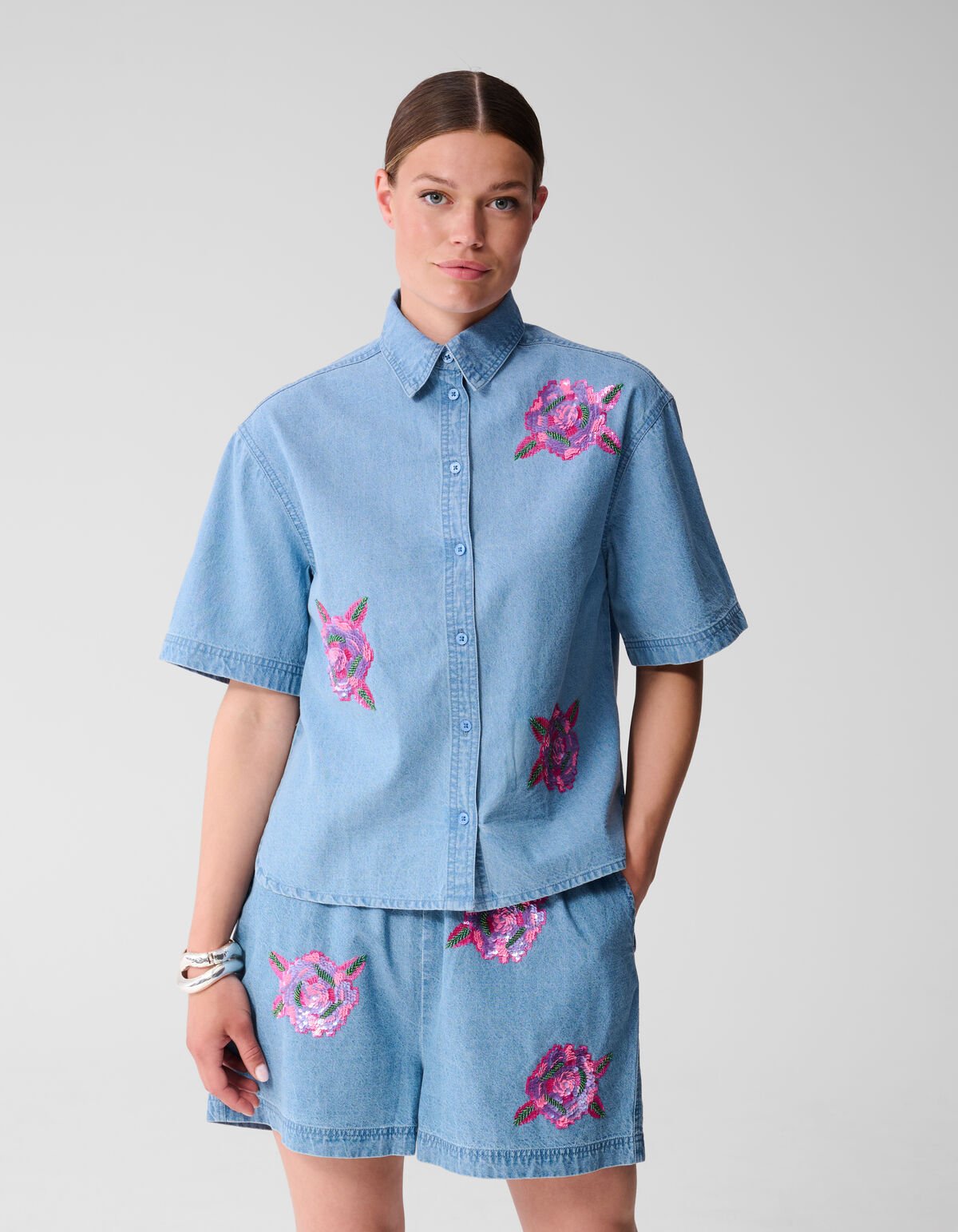 Oversized Denim Sequin Blouse Blauw SHOEBY WOMEN